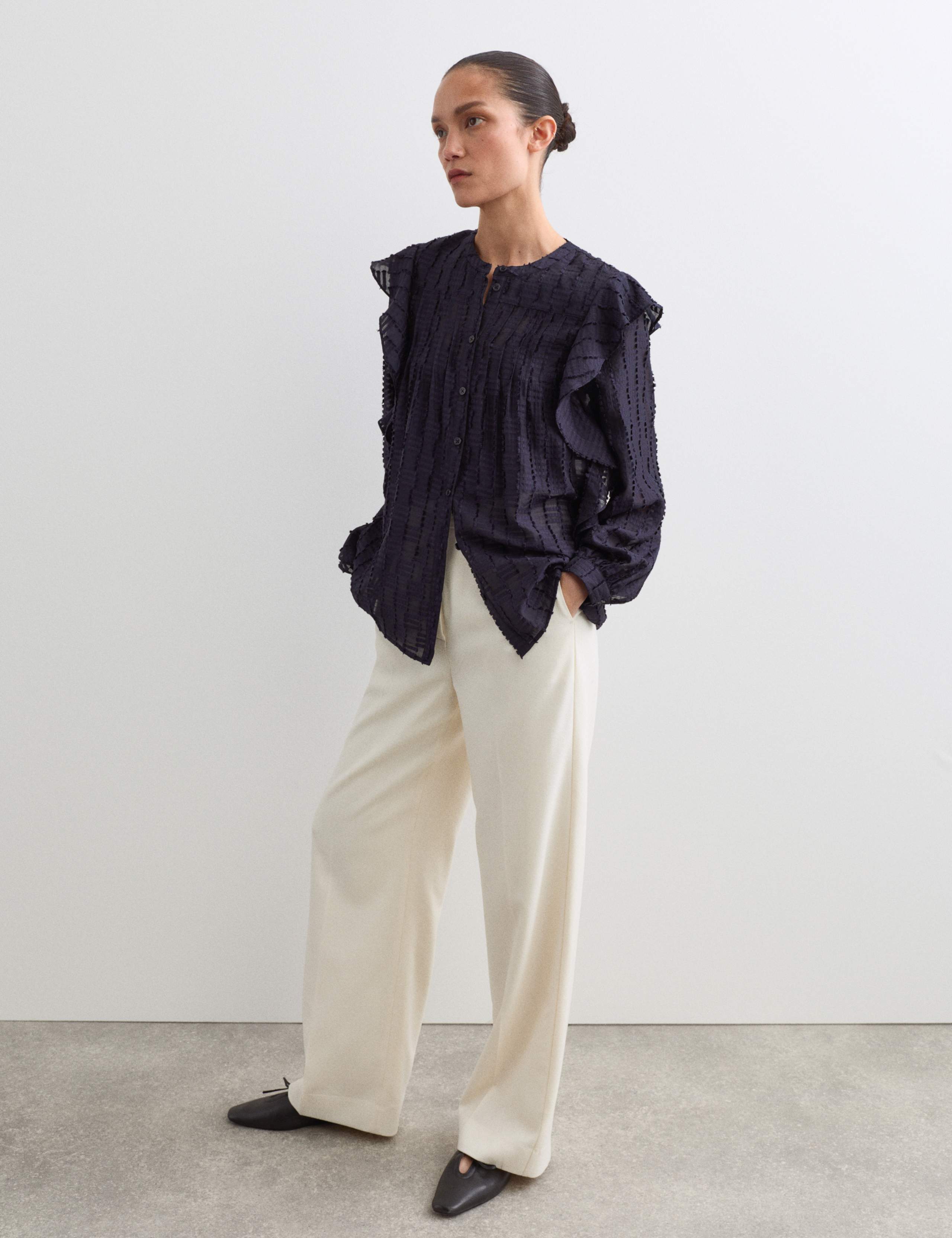 Textured Ruffle Button Through Blouse