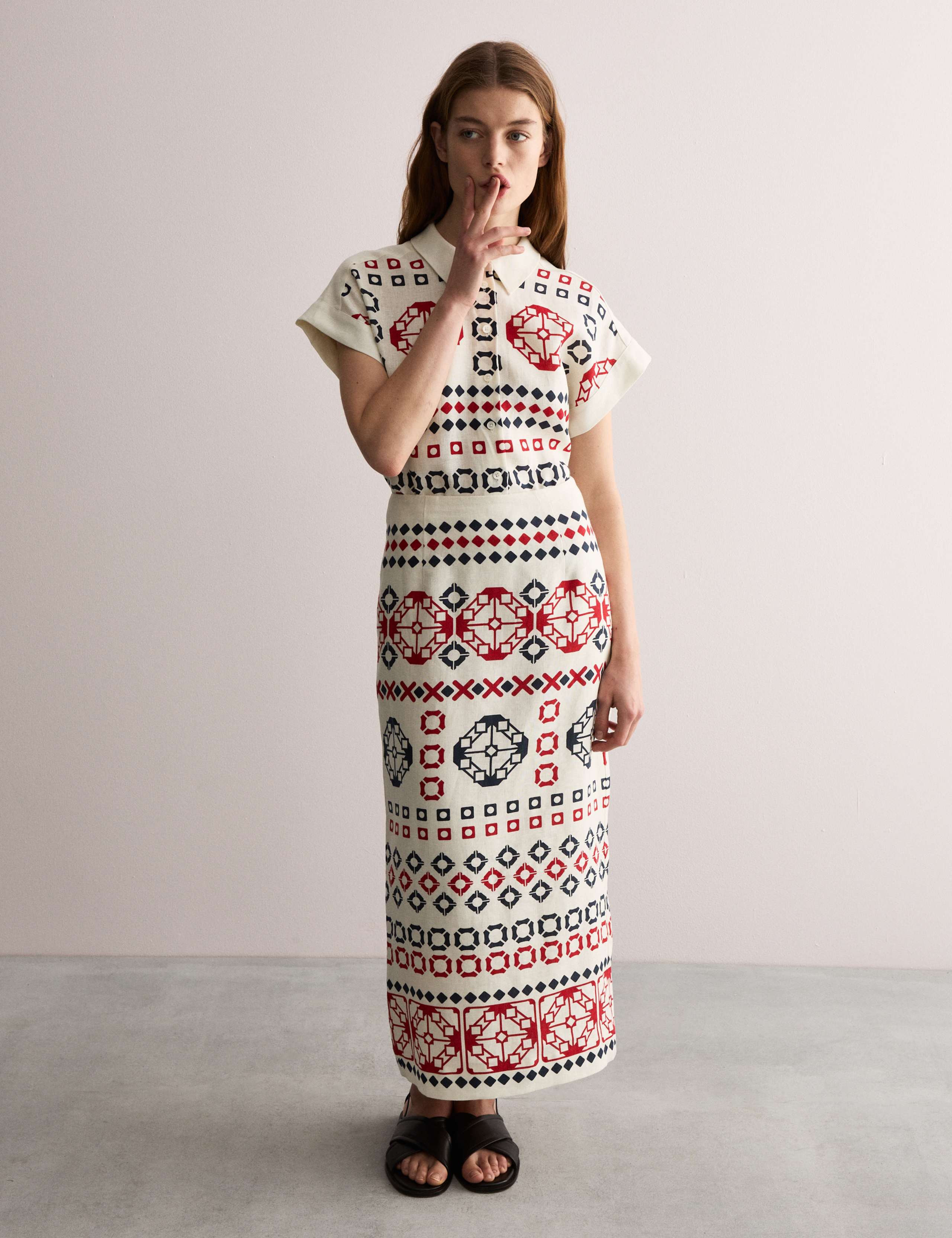 Pure Linen Printed Collared Cap Sleeve Top