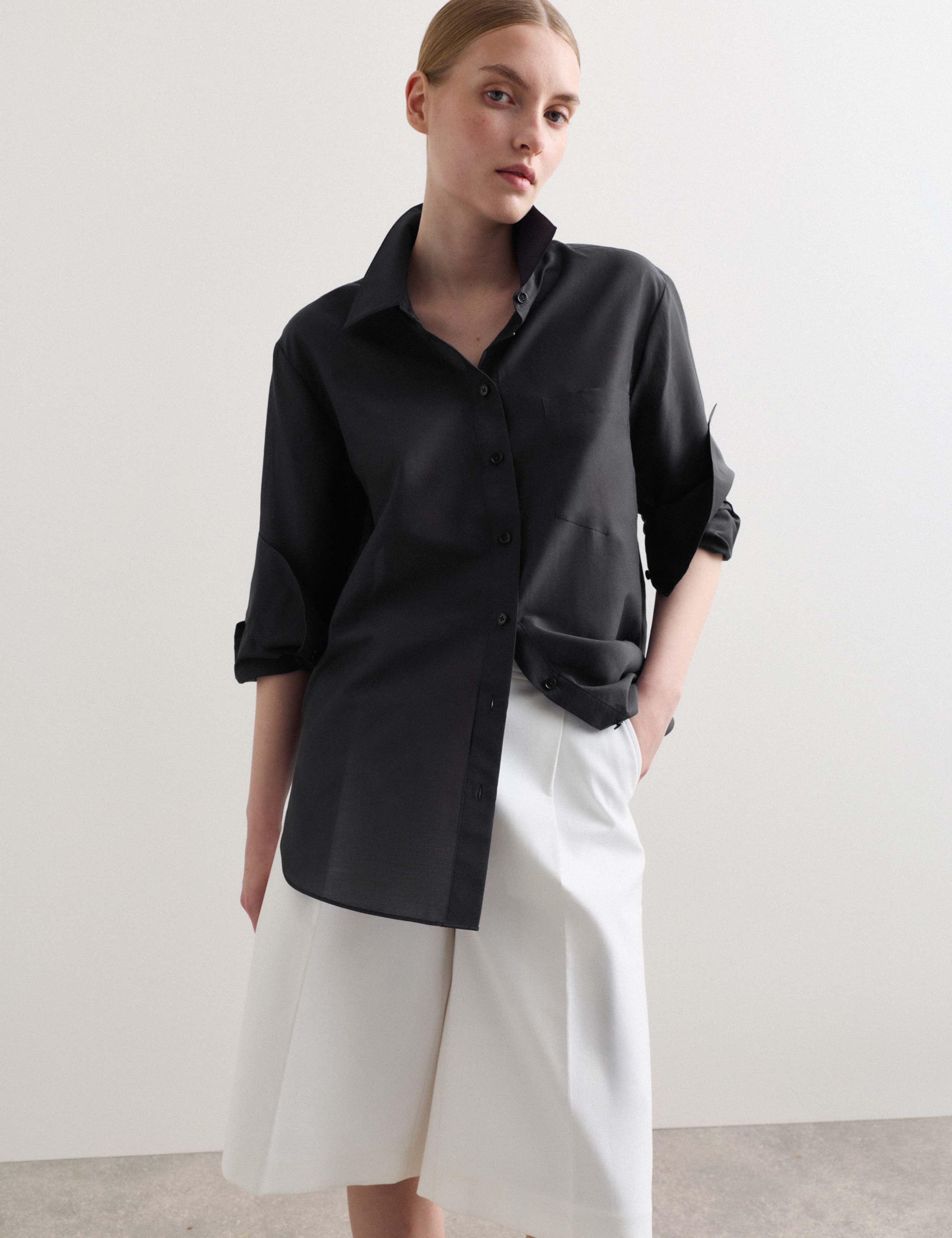 Silk Blend Collared Relaxed Shirt