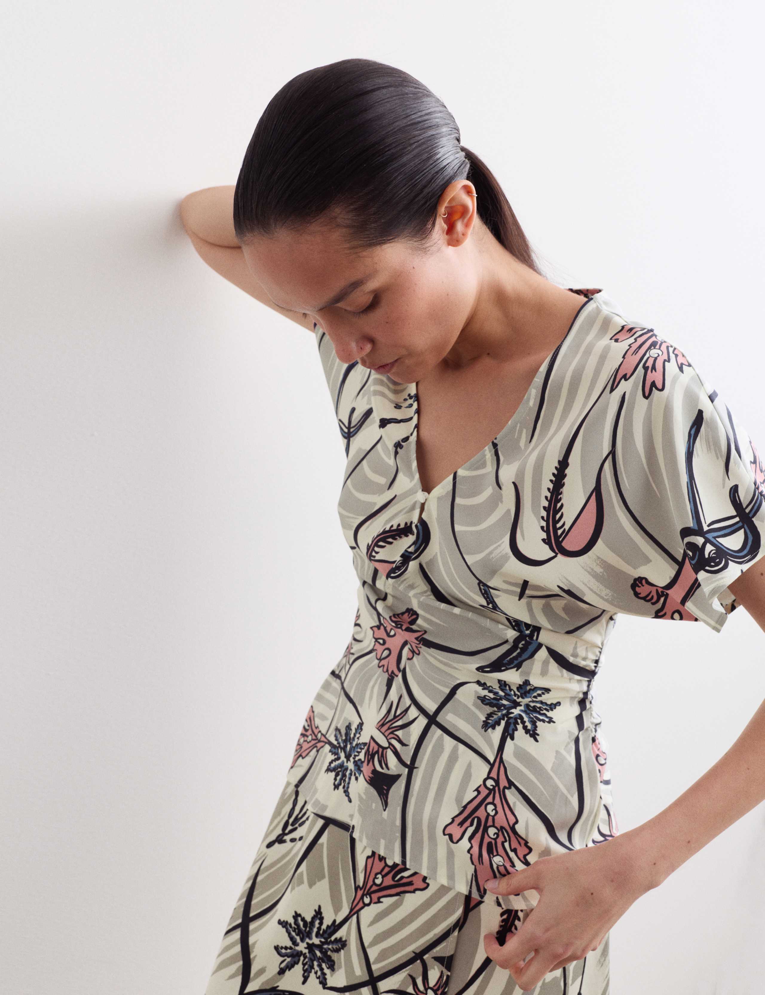 Pure Silk Floral Ruched V-Neck Top