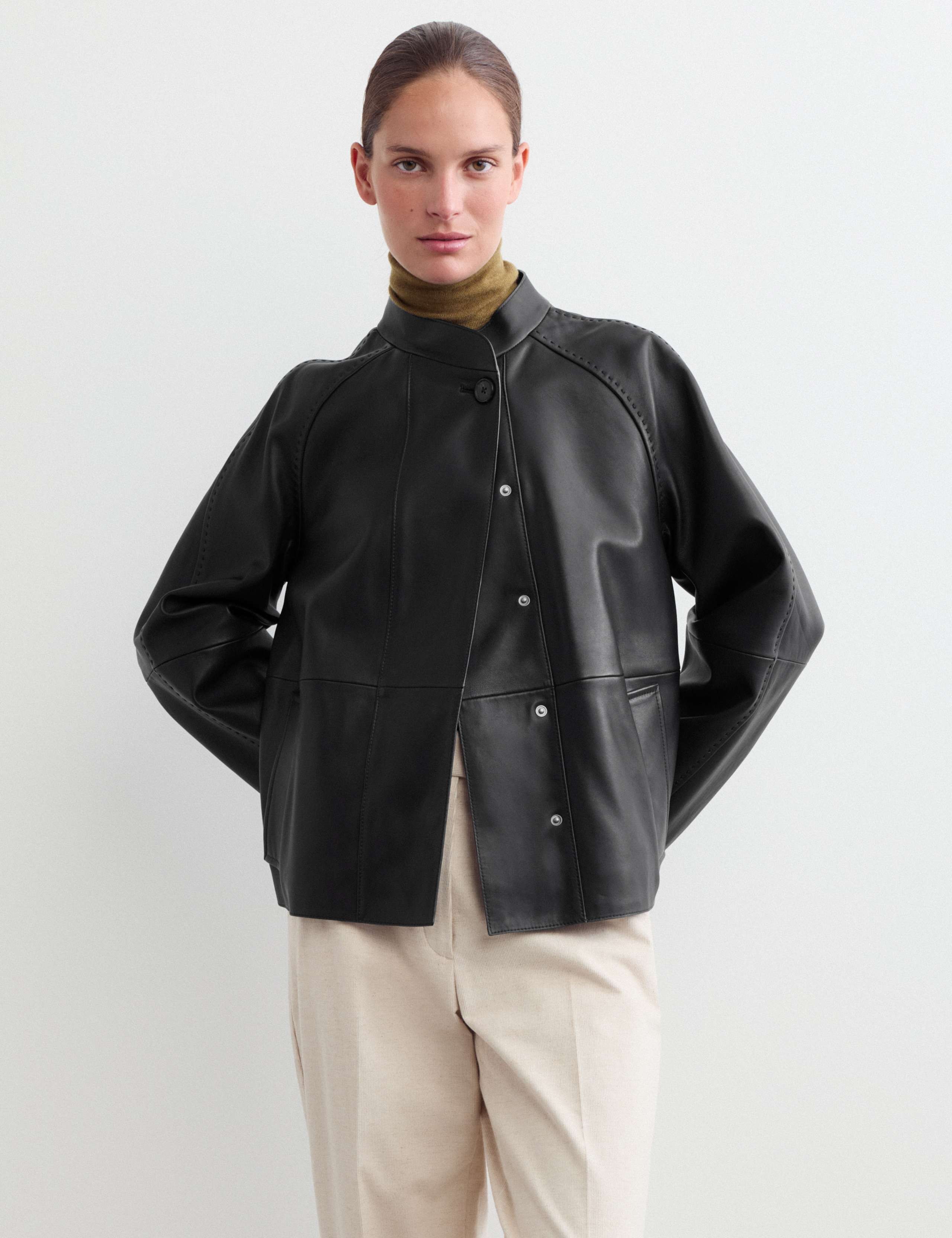 Pure Leather Collarless Short Jacket