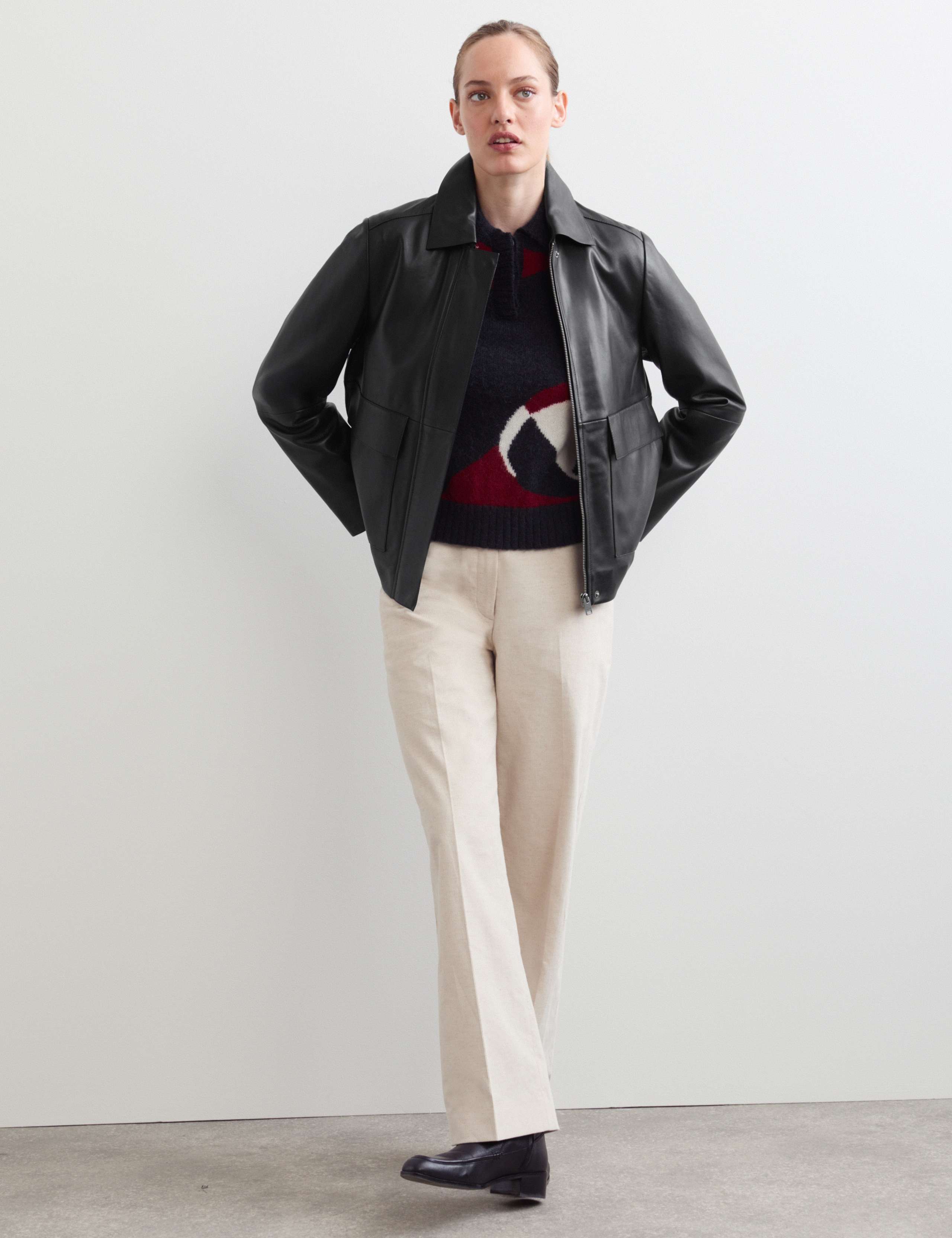 Pure Leather Collared Short Jacket
