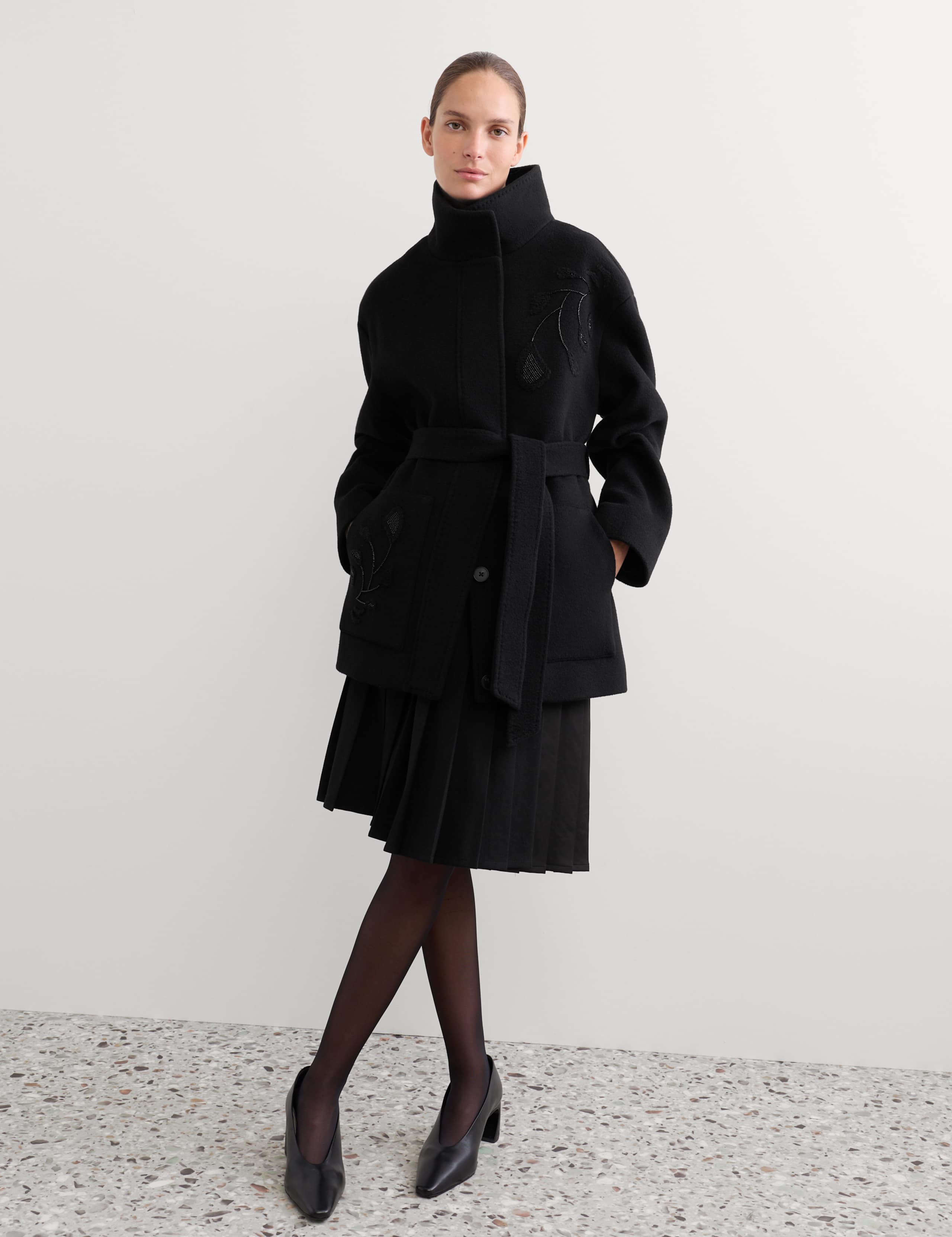 Pure Wool Funnel Neck Embroidered Jacket