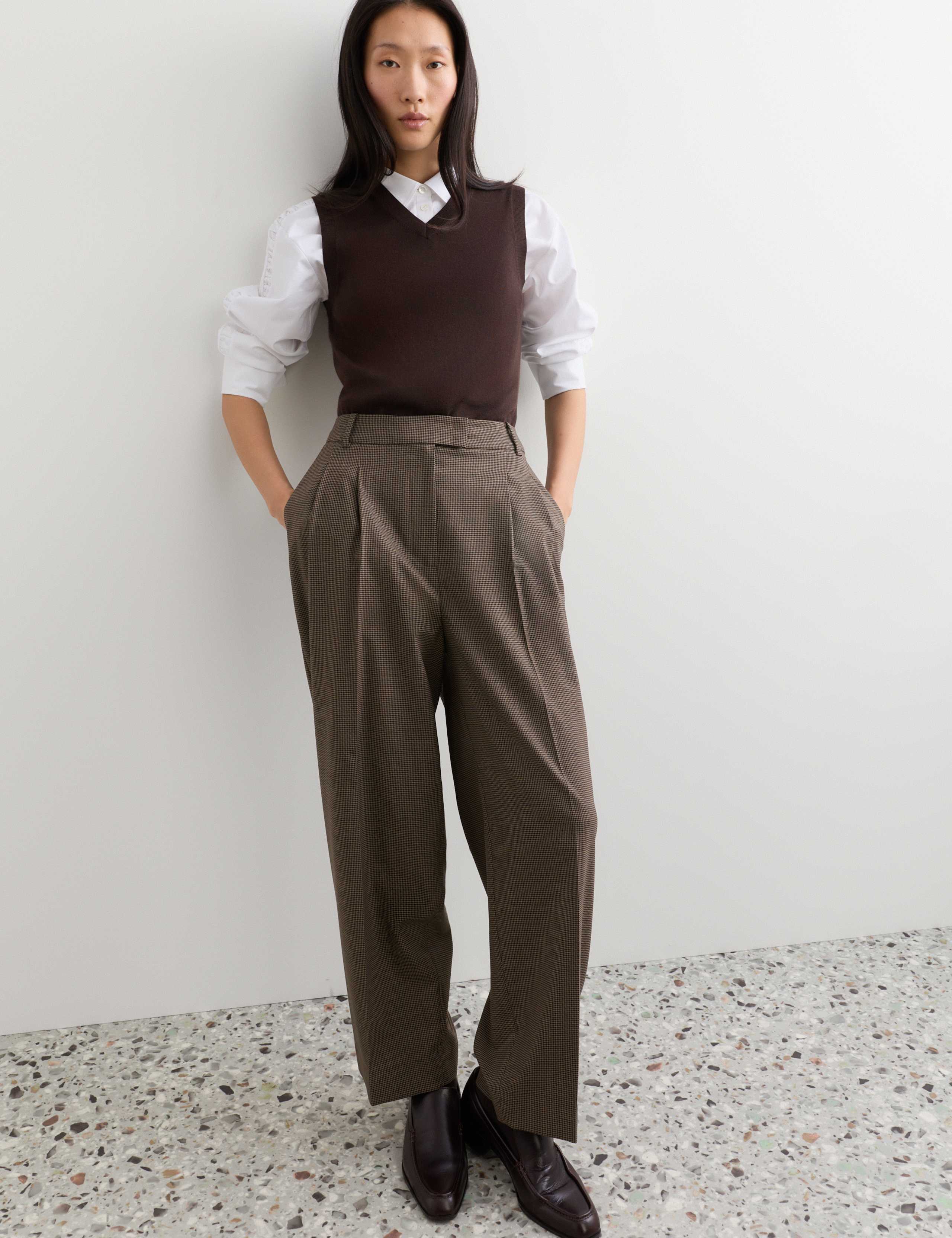 Wool Rich Dogtooth Pleat Front Tapered Trousers