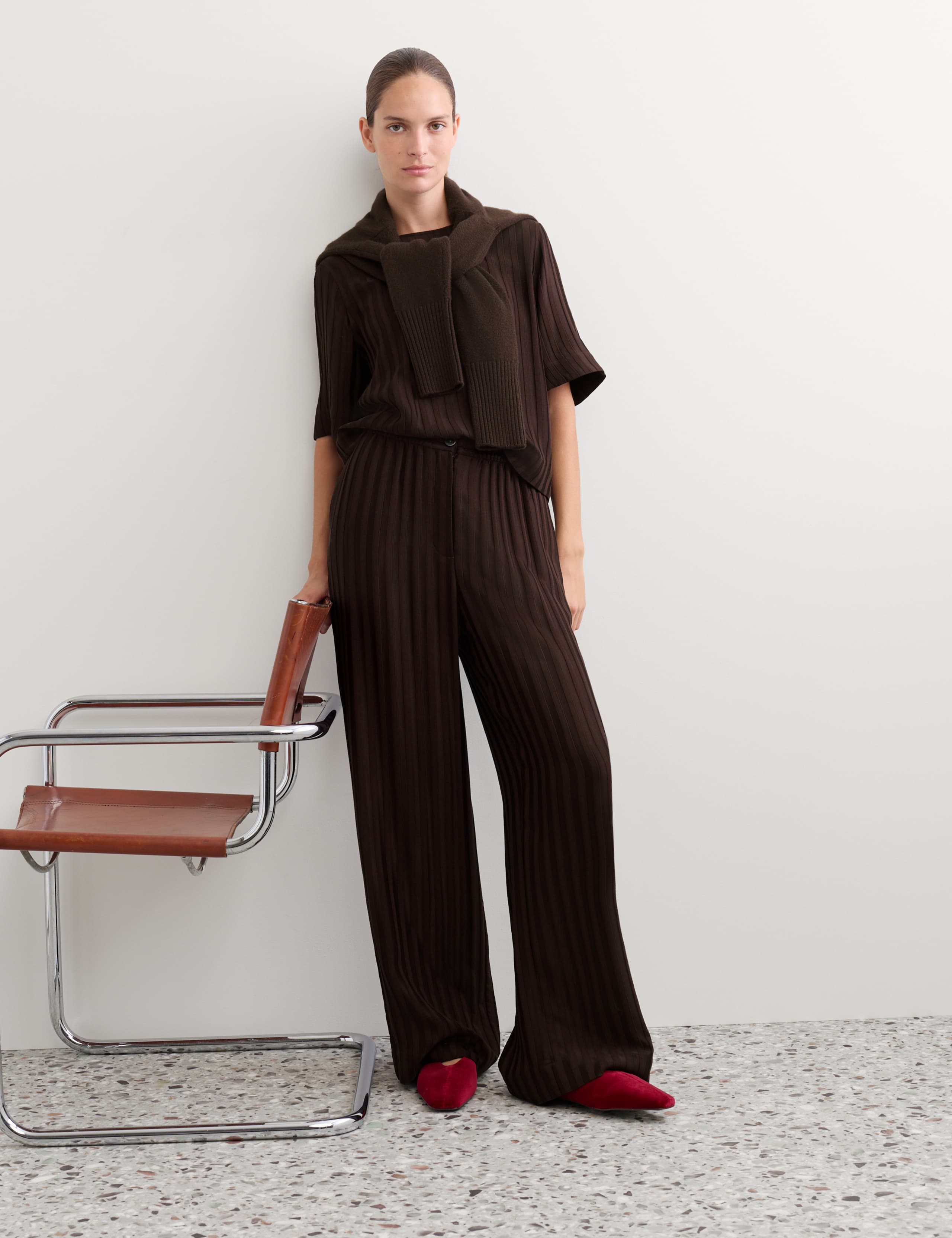 Textured Striped Wide Leg Trousers