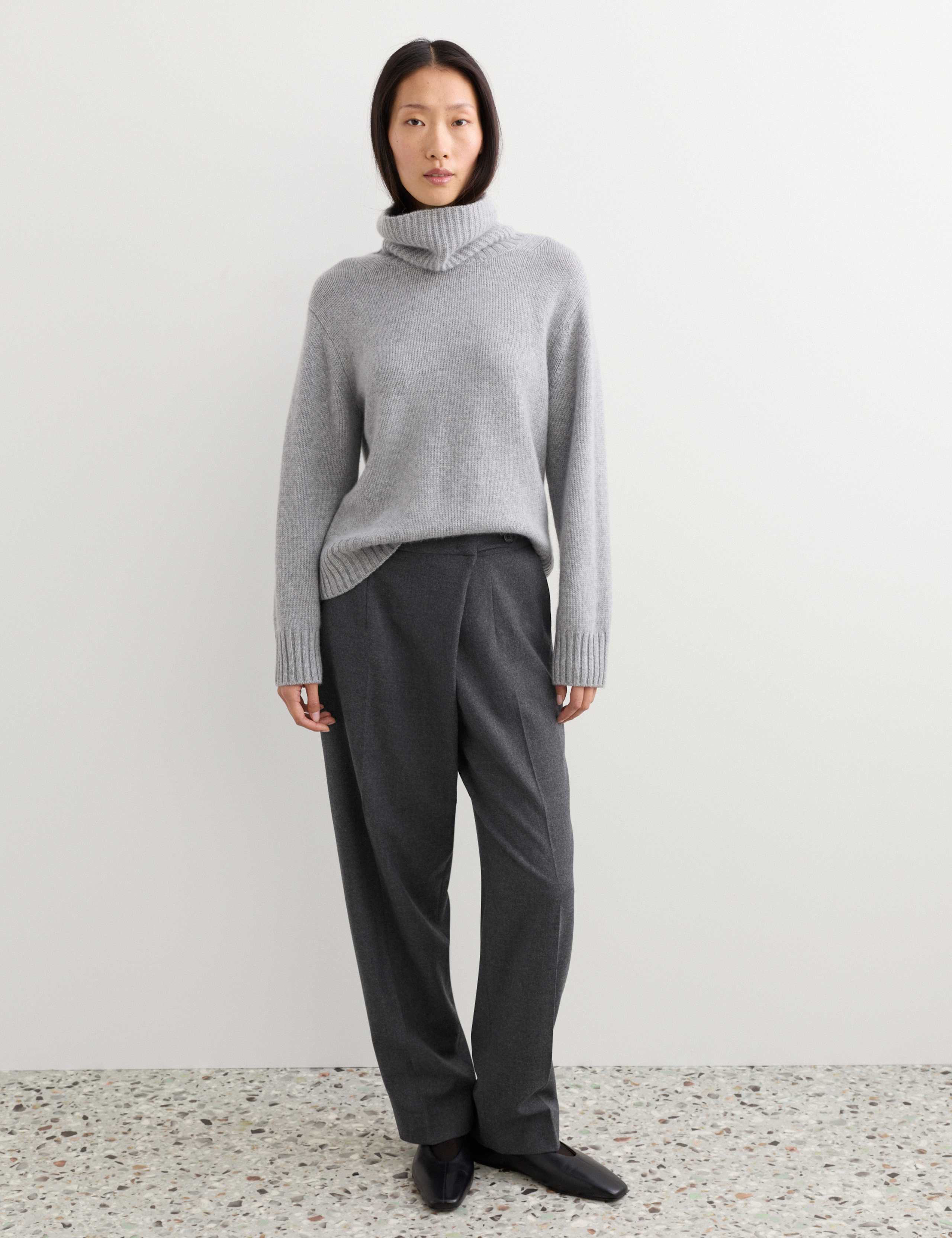 Wool Rich Flannel Wrap Front Tapered Trousers