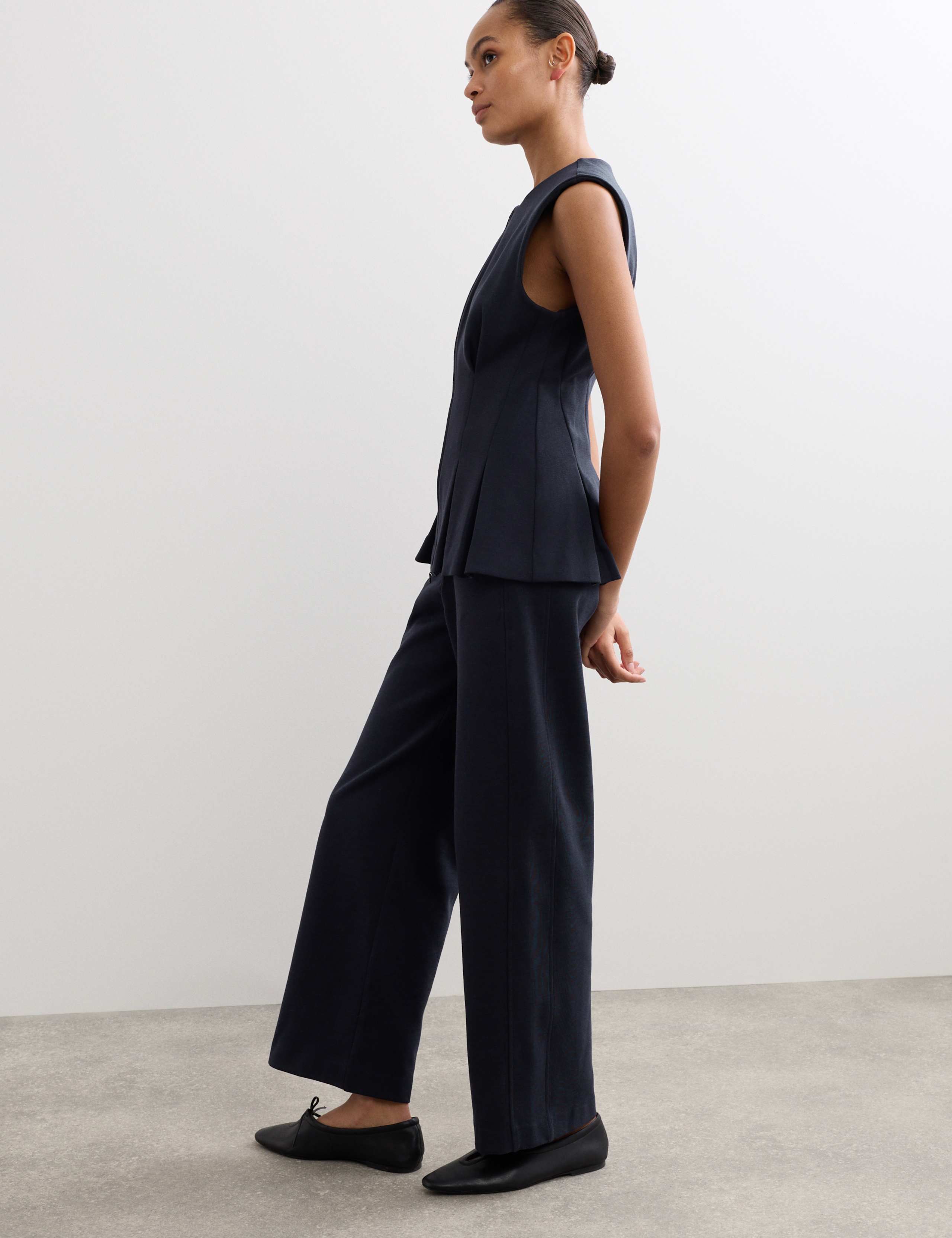 Cotton Blend Jersey Straight Leg Trousers with Wool
