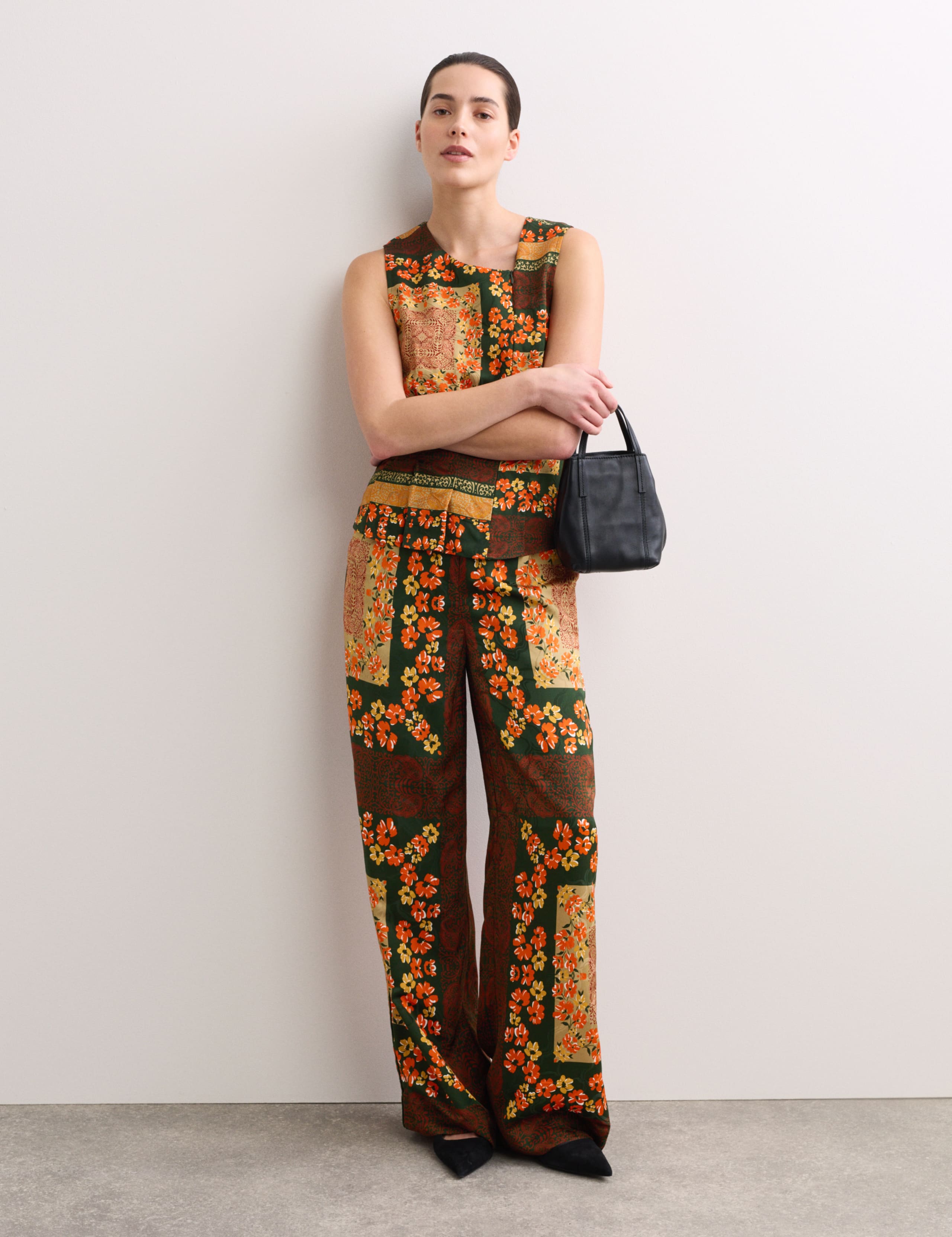 Scarf Print Elasticated Waist Wide Leg Trousers