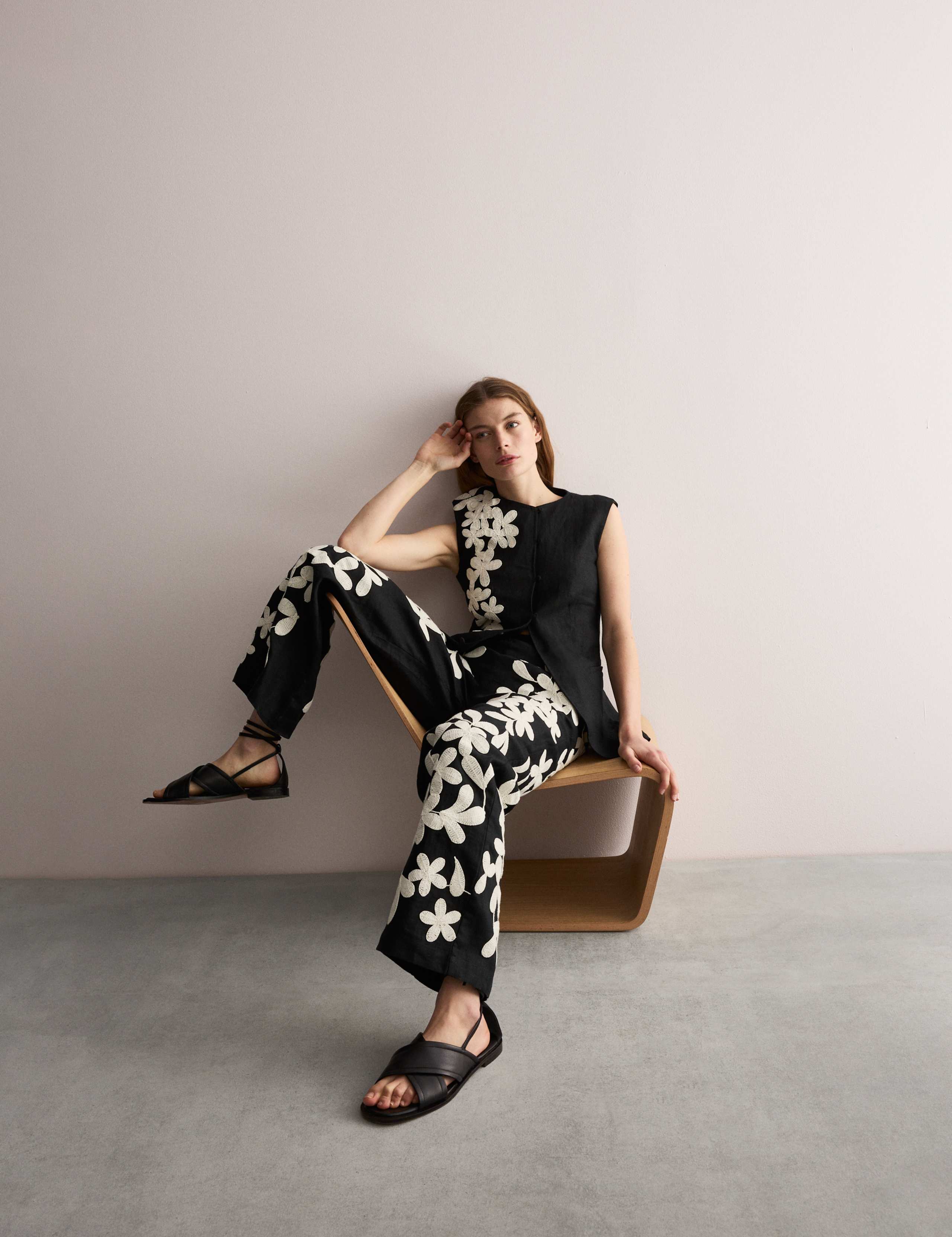 Pure Linen Embroidered Wide Leg Trousers