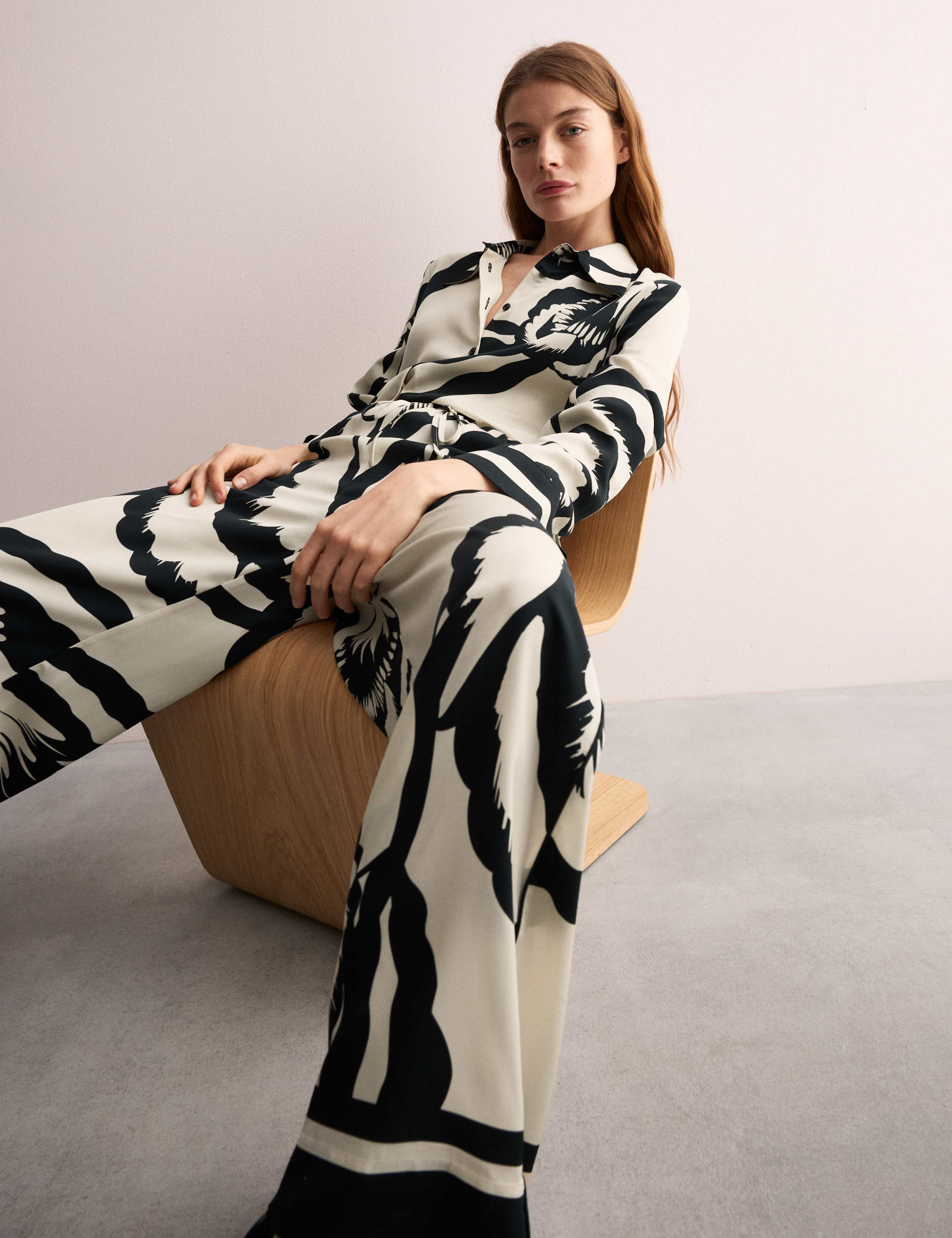 Monochrome Floral Wide Leg Trousers