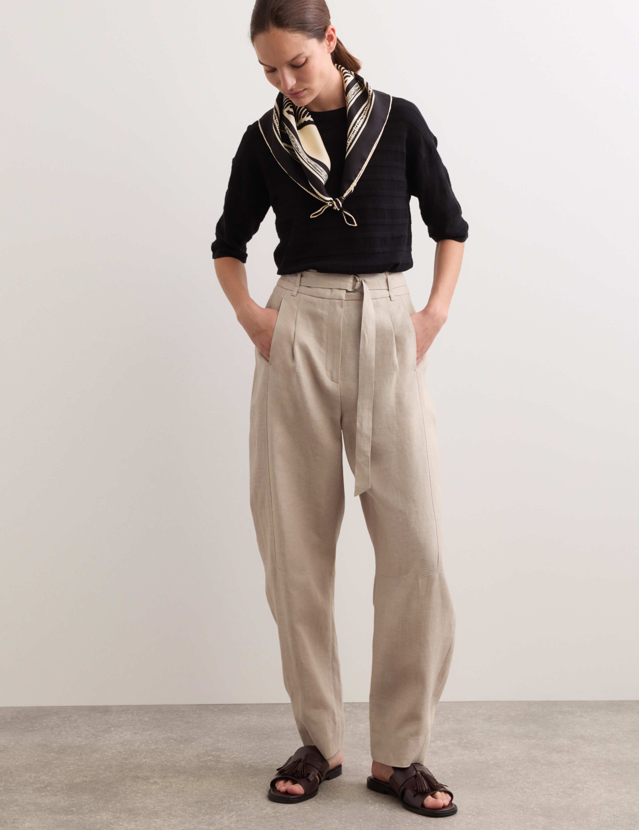 Pure Linen Belted Barrel Leg Trousers