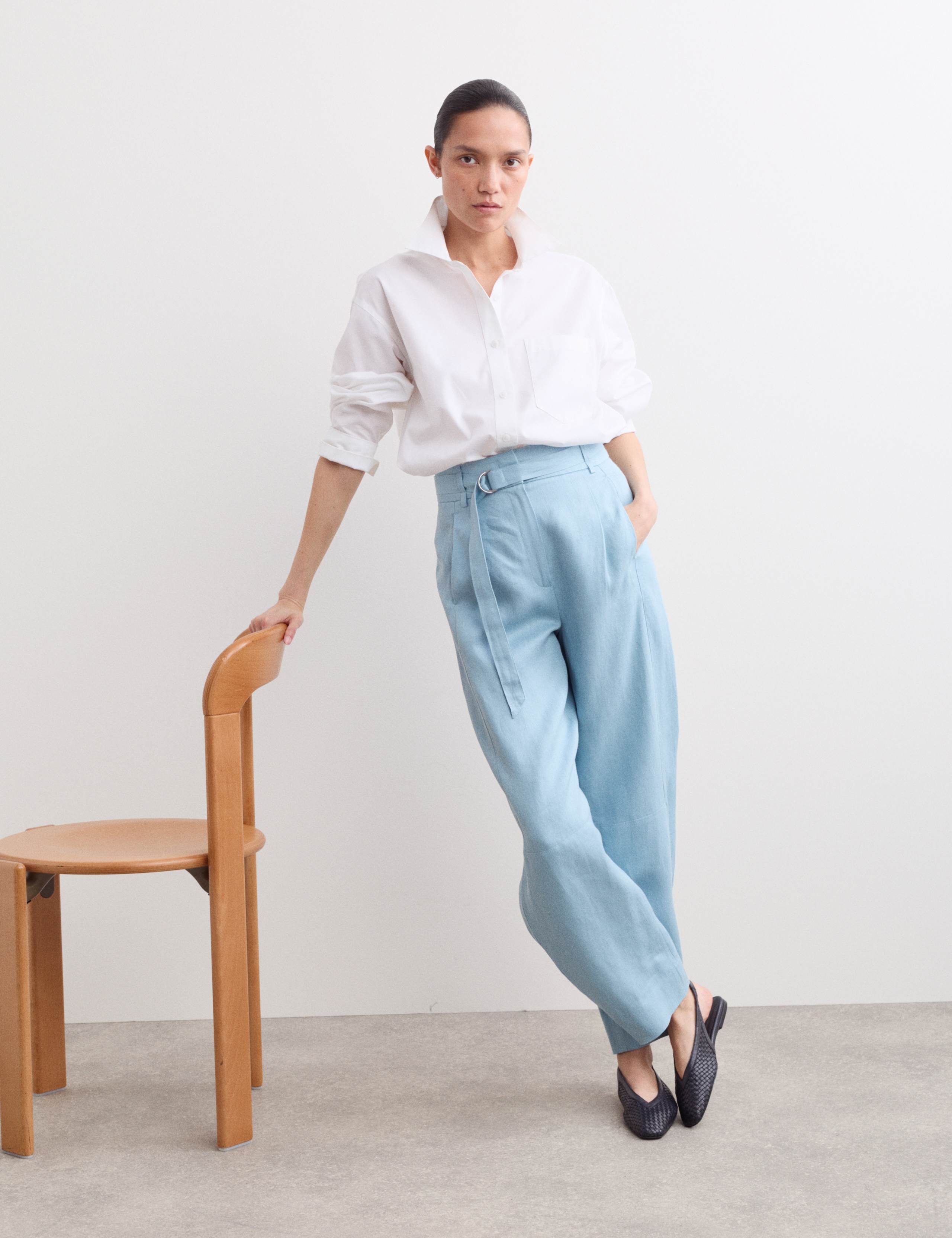 Pure Linen Belted Barrel Leg Trousers