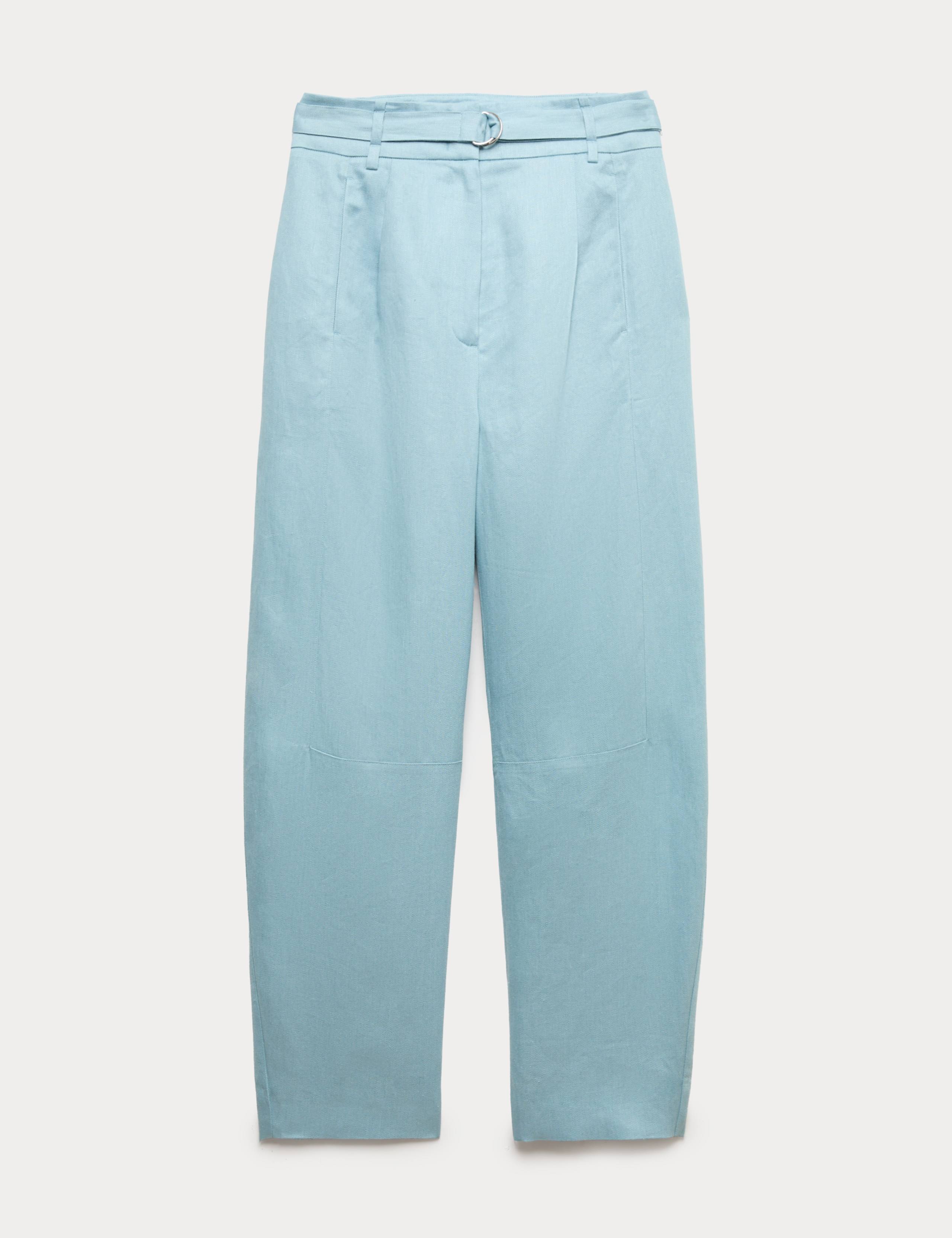 Pure Linen Belted Barrel Leg Trousers
