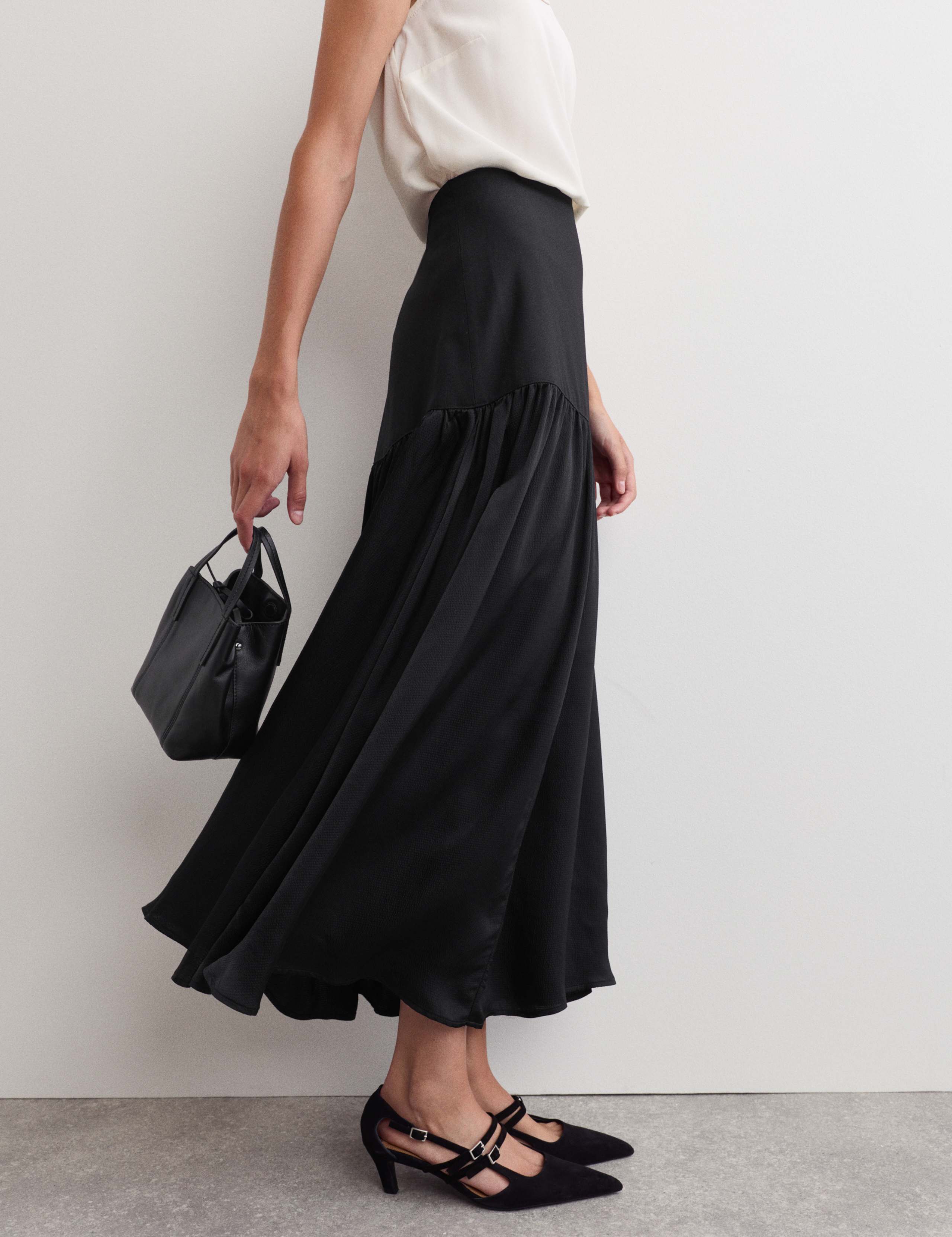 Wool Blend Shirred Midi Skirt