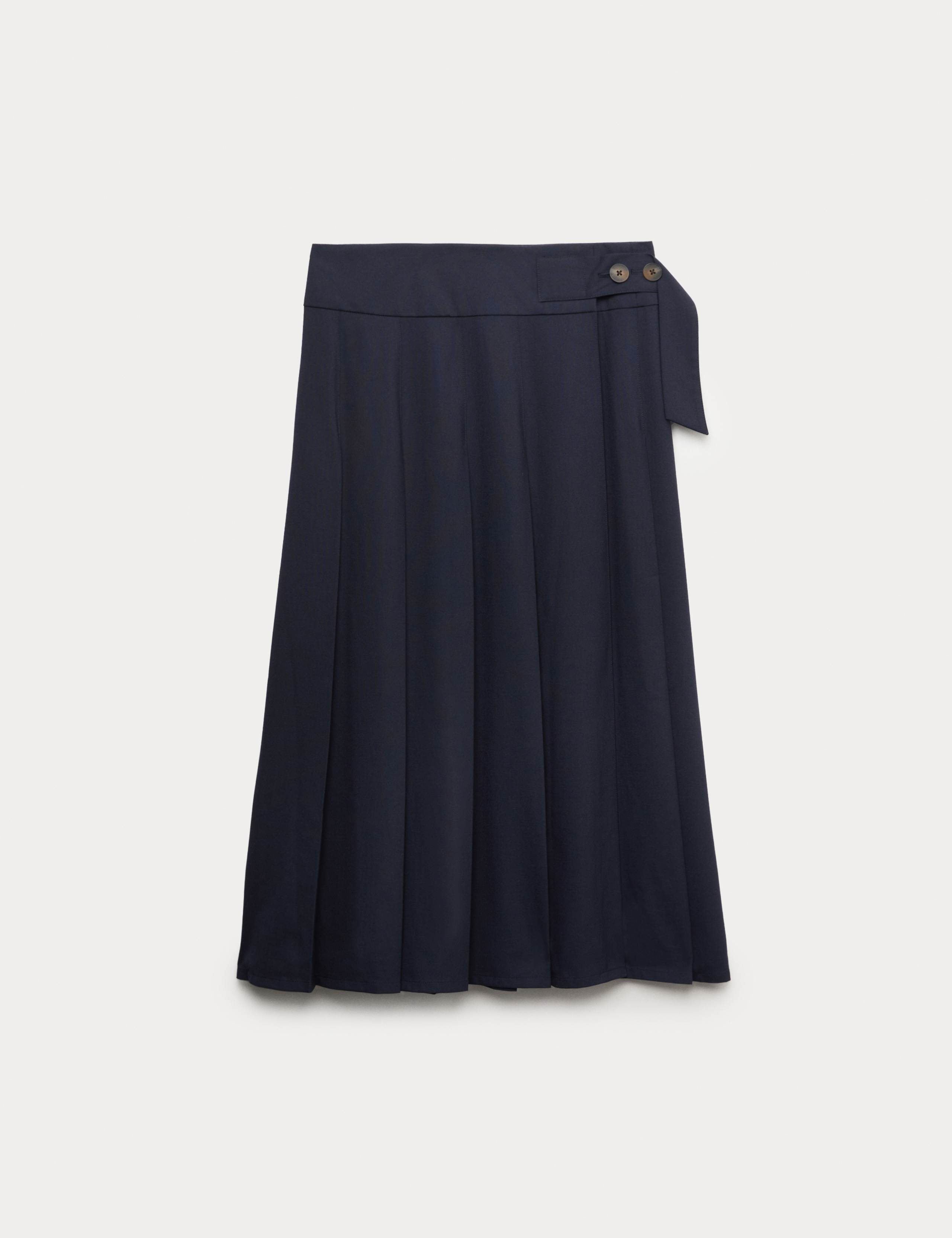 Pleated Midi Tailored Skirt with Wool