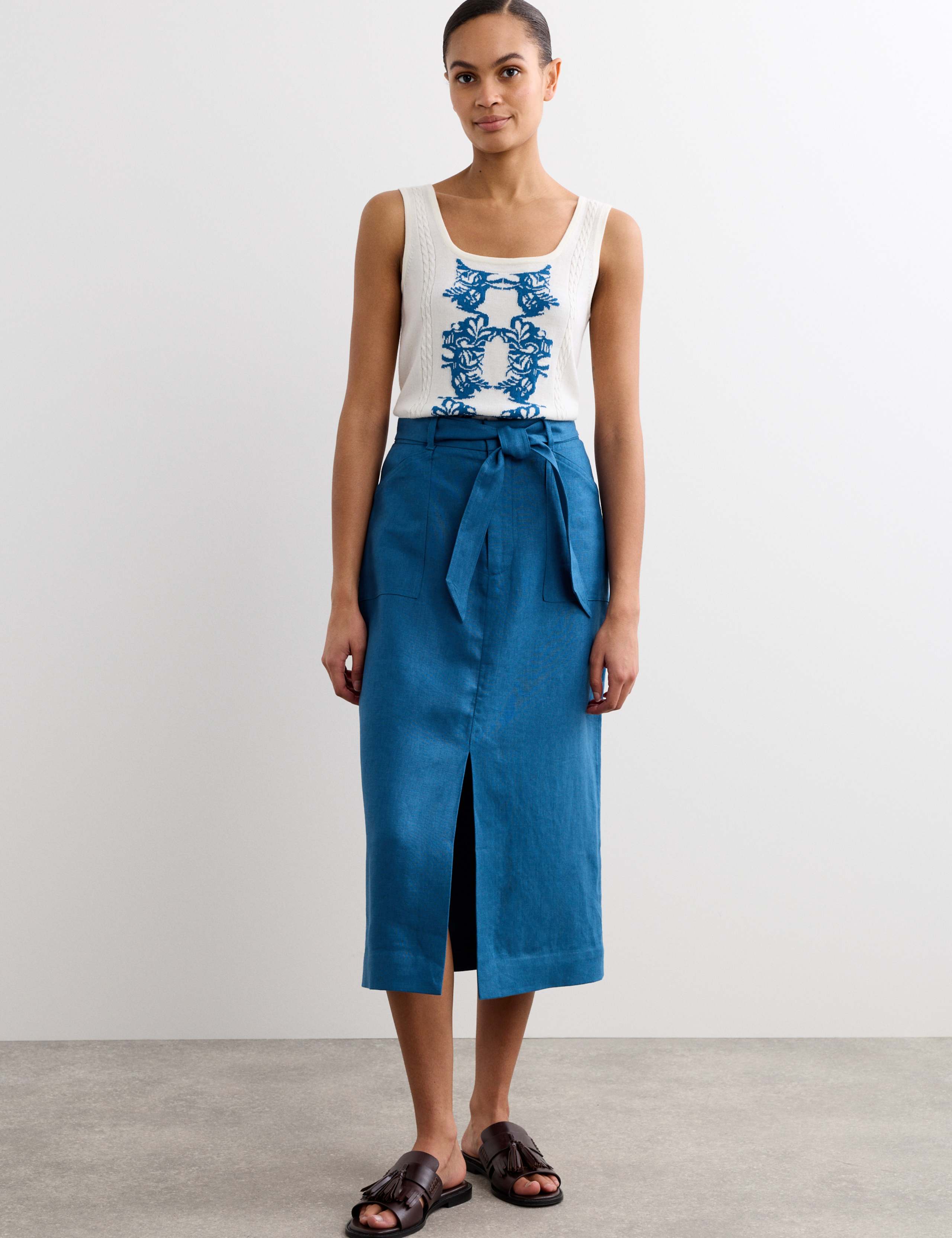 Linen Column Midi Skirt