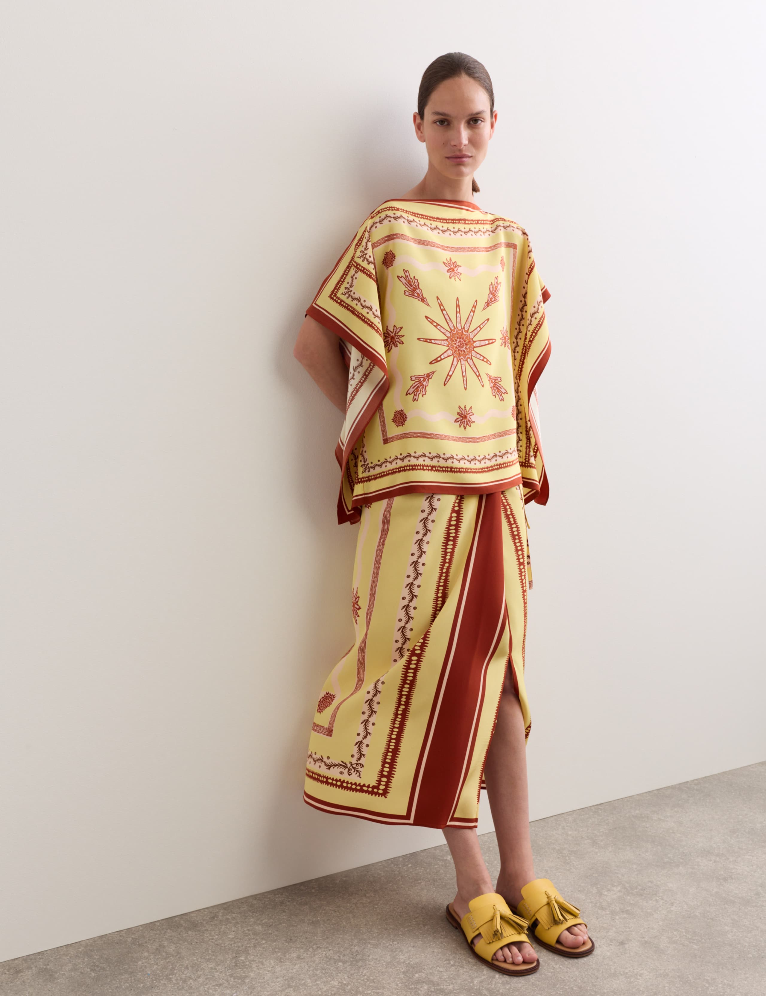 Pure Silk Printed Slash Neck Top & Skirt Set 6 of 6