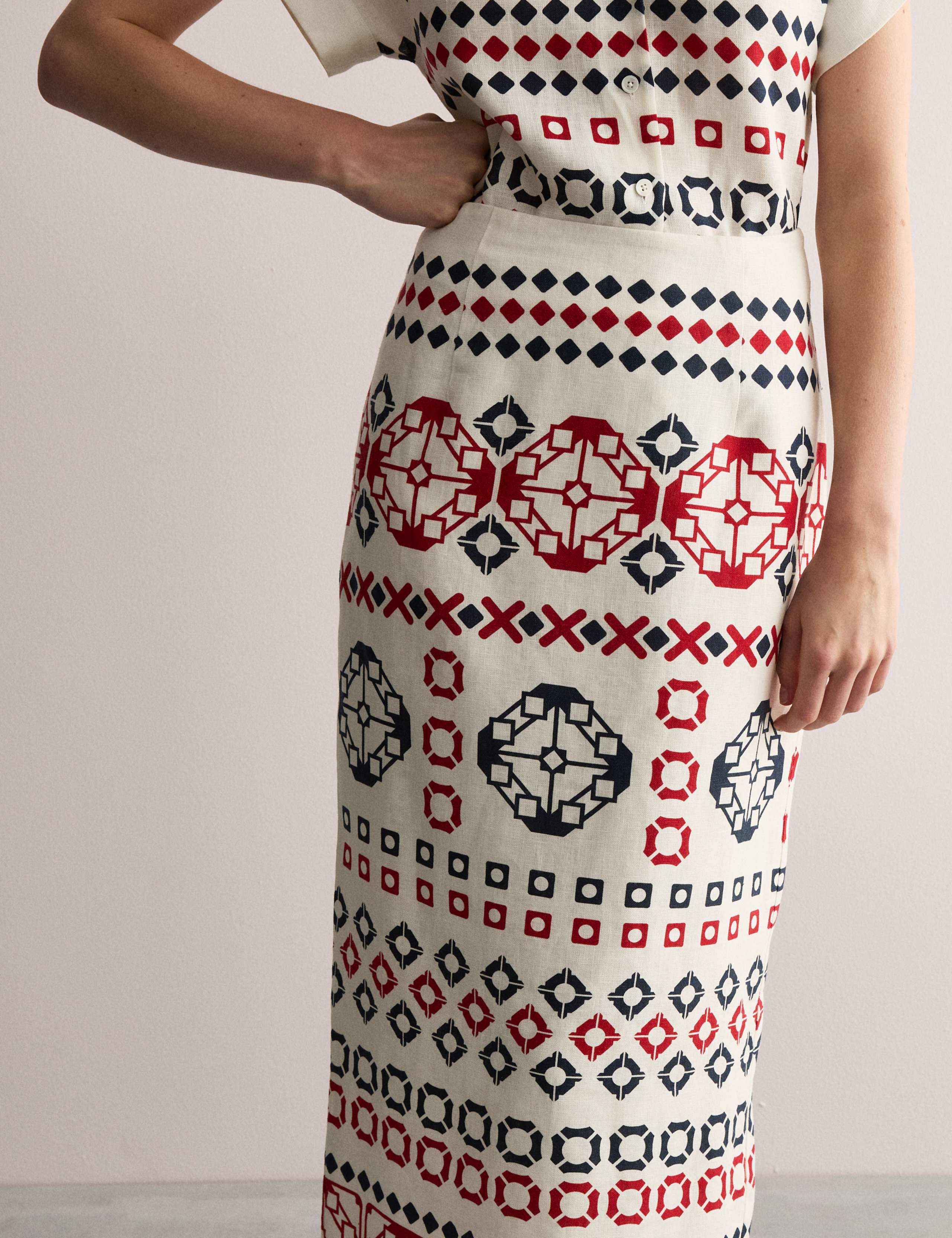 Pure Linen Geometric Midi Column Skirt
