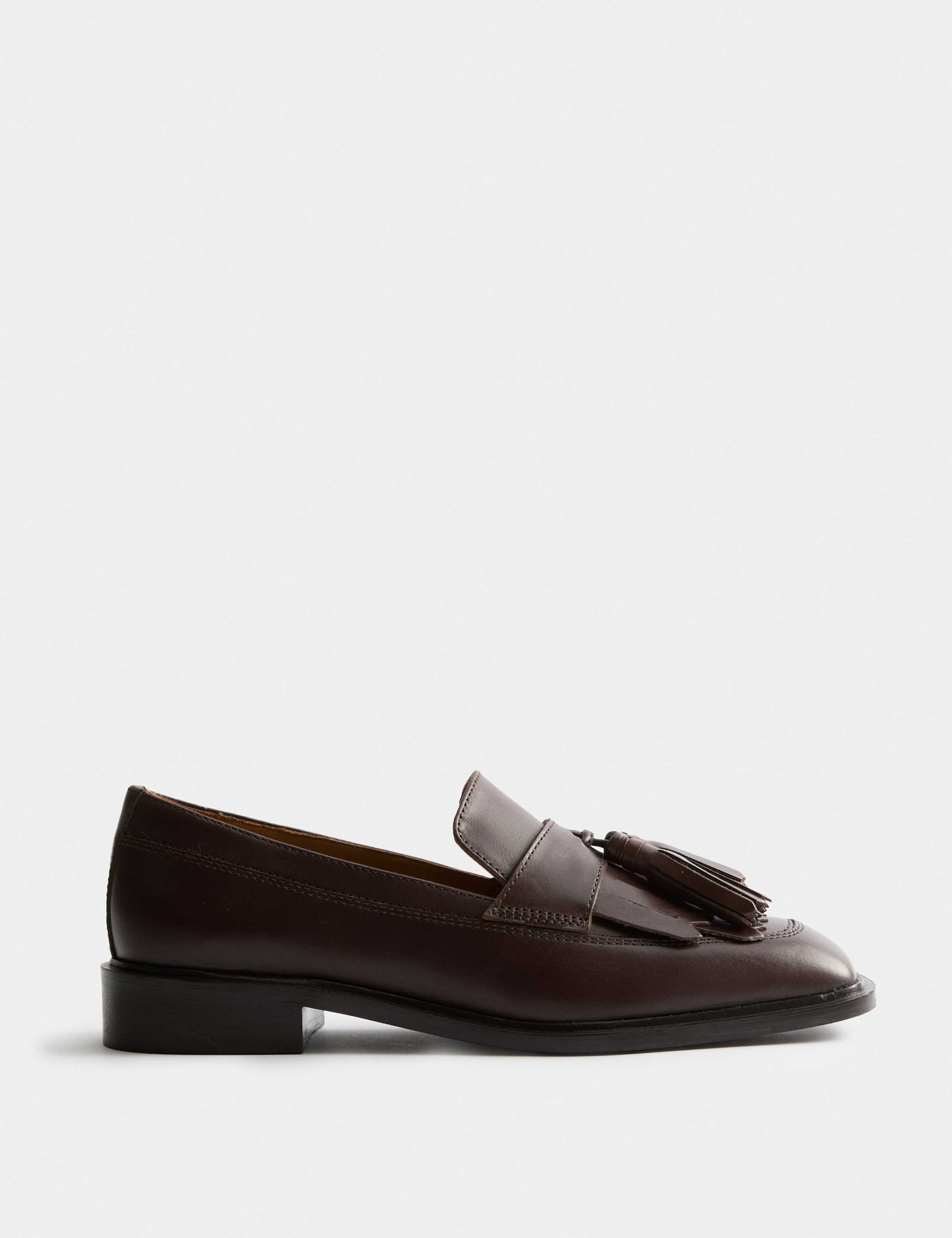 Leather Fringe Tassel Block Heel Loafers