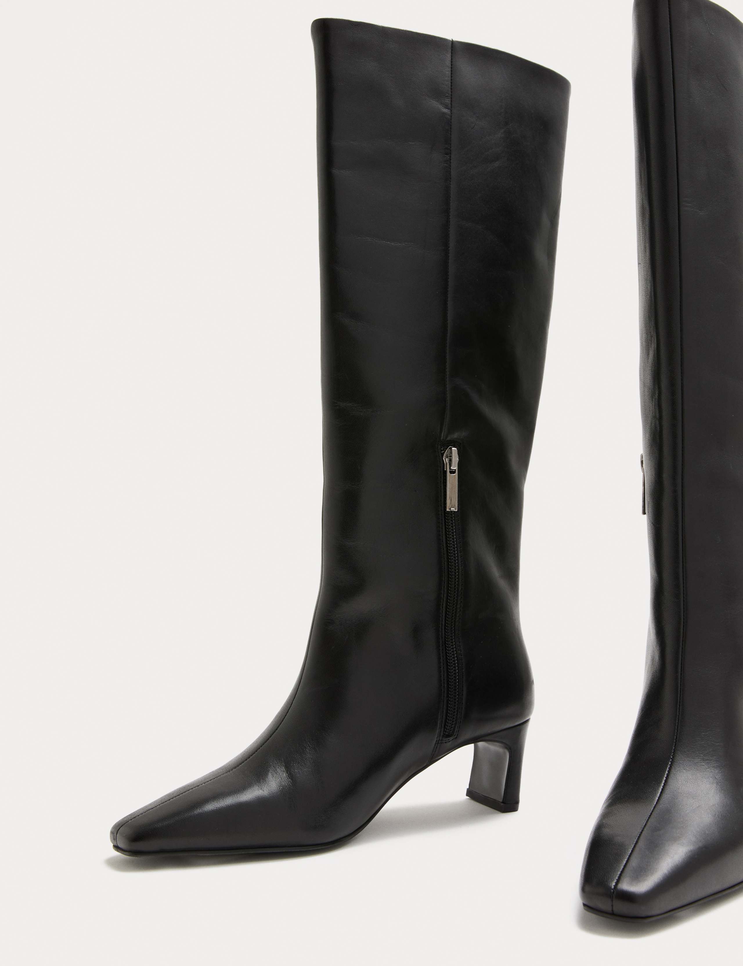 Leather Block Kitten Heel Knee High Boots