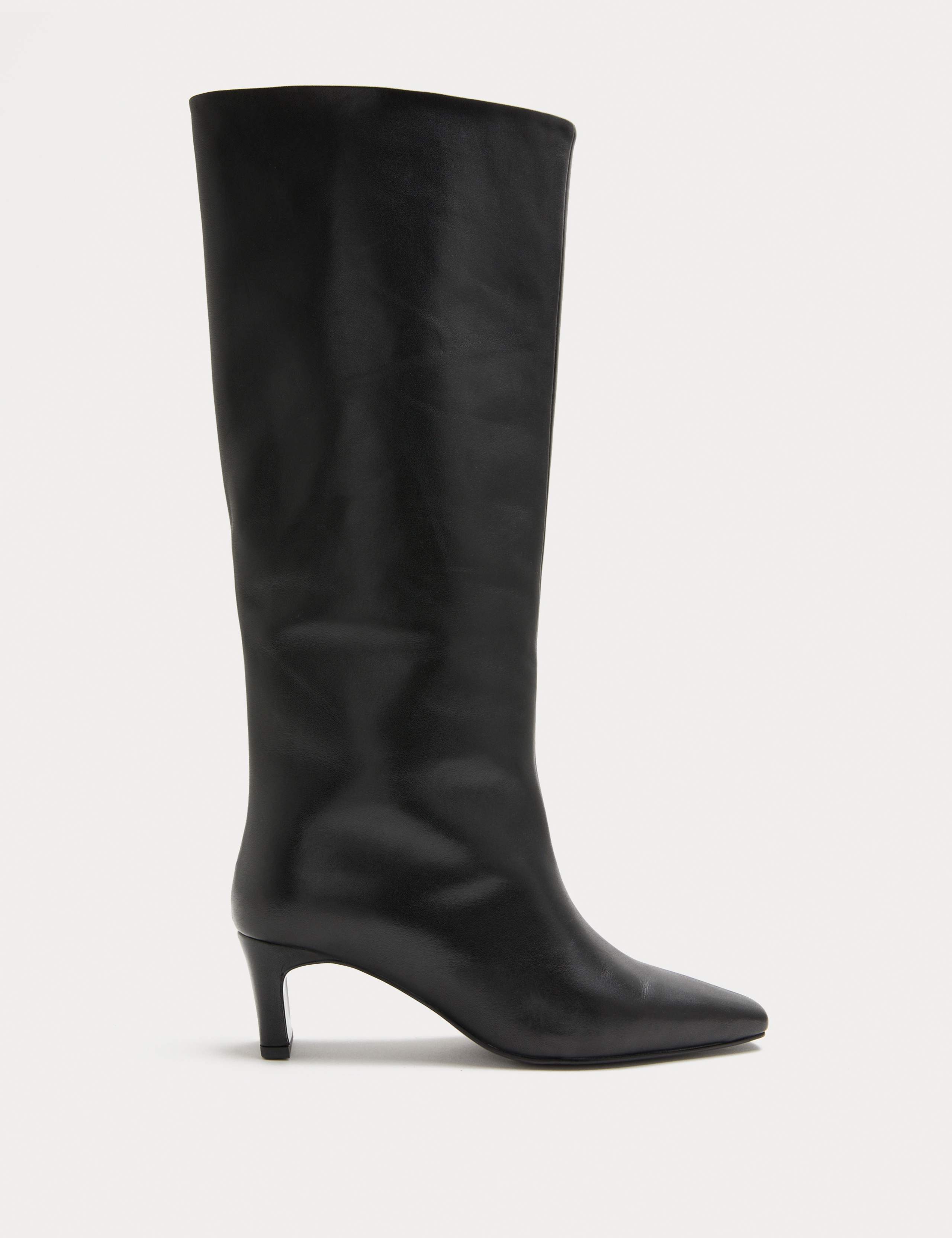 Leather Block Kitten Heel Knee High Boots
