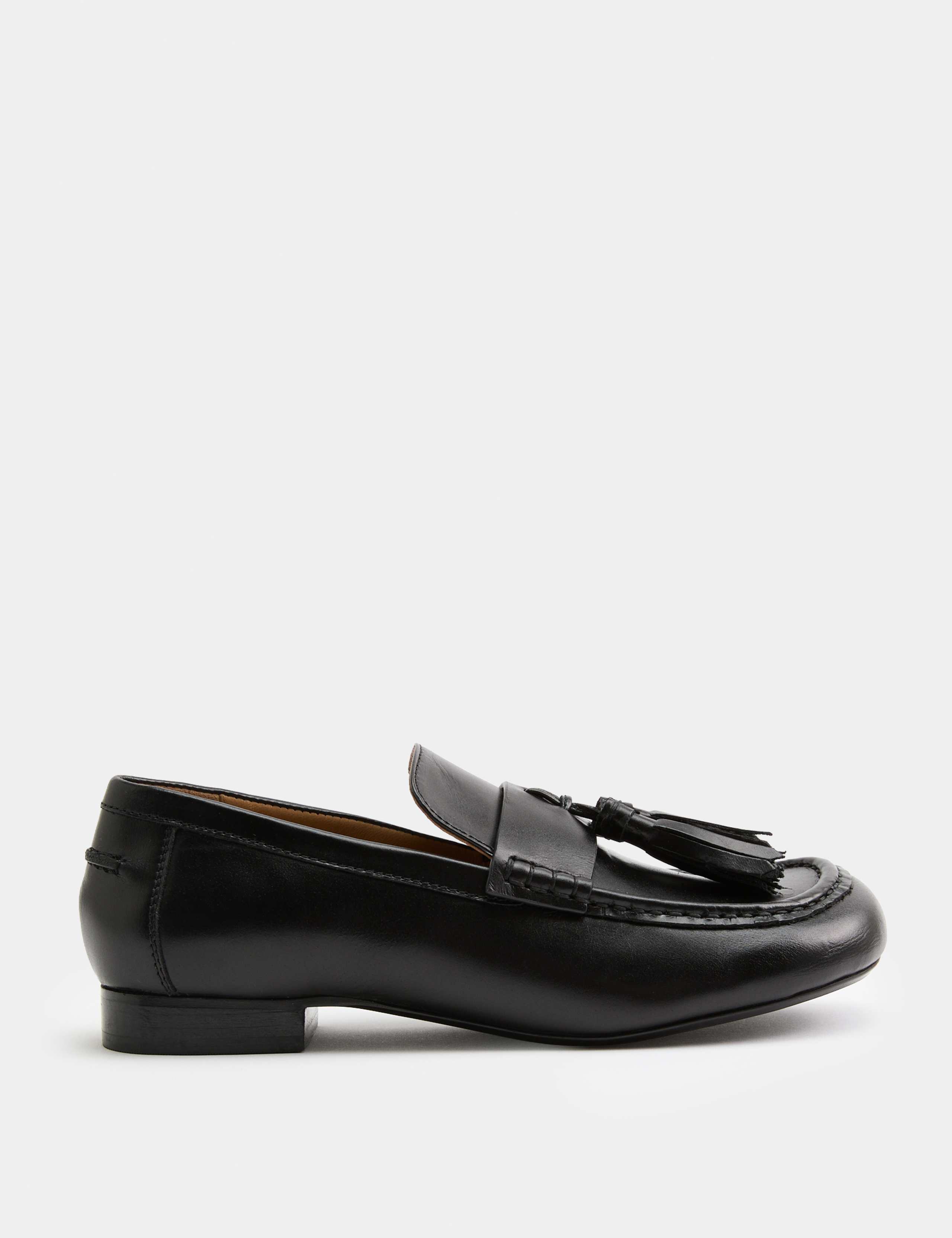 Leather Tassel Block Heel Loafers