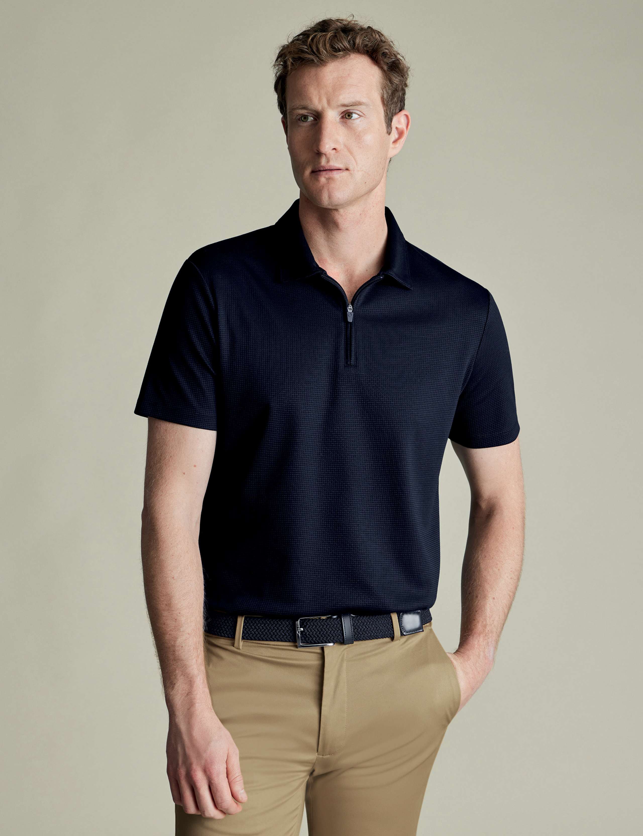 Cotton Rich Waffle Half Zip Polo Shirt