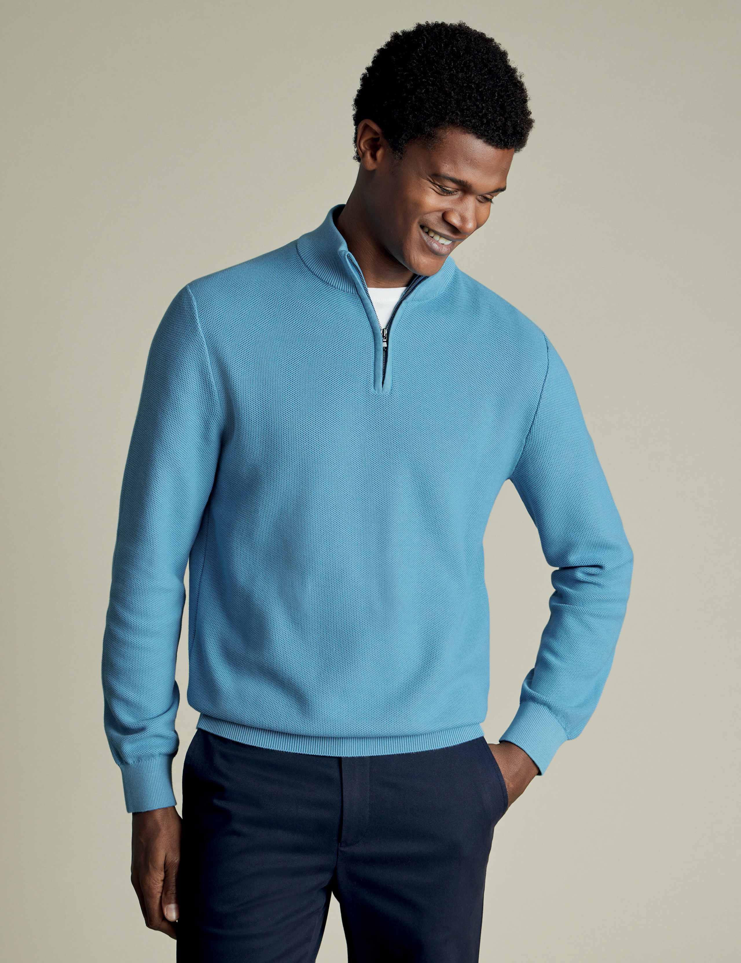 Pure Cotton Textured Half-Zip Jumper