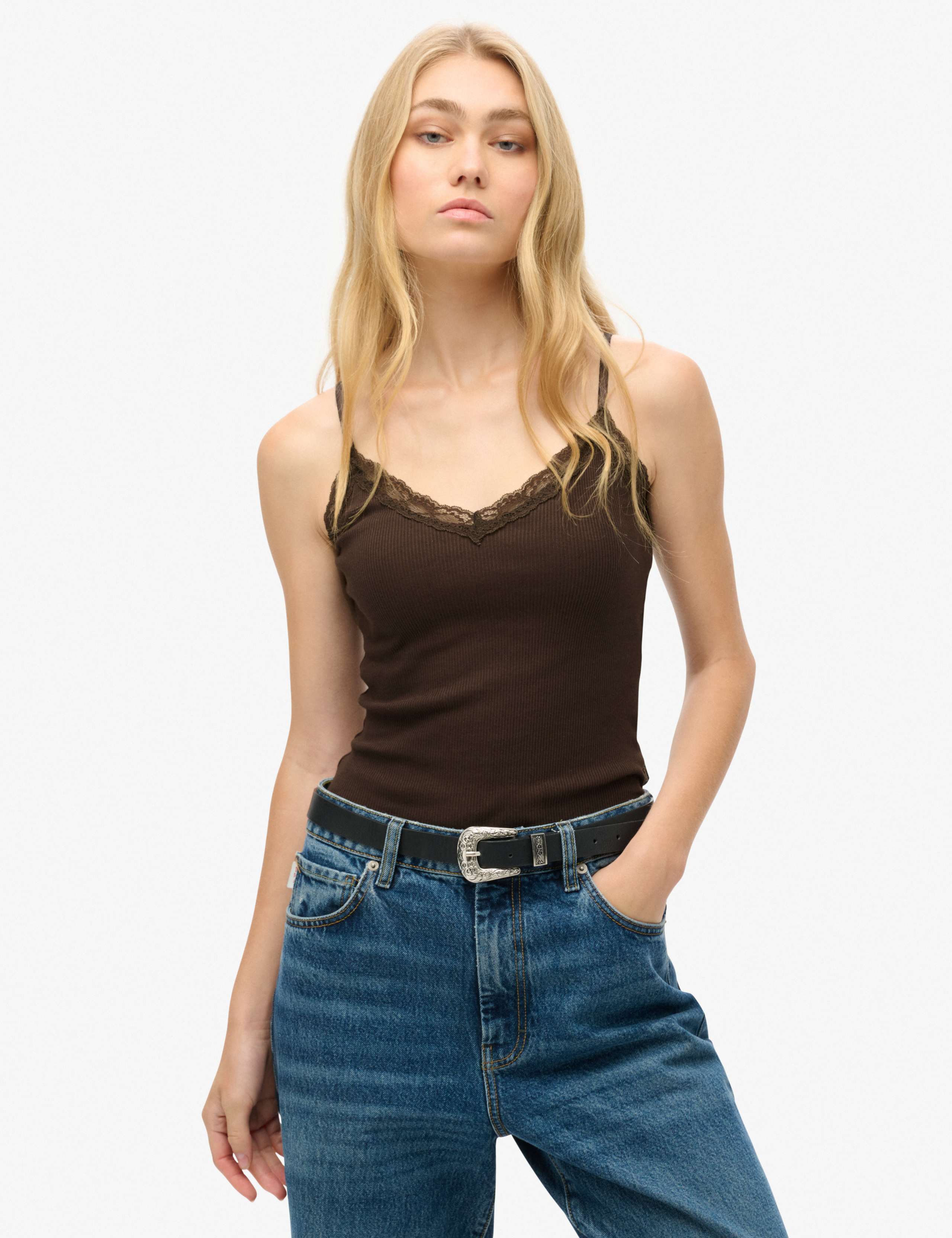Pure Cotton Ribbed V-Neck Lace Trim Cami Top