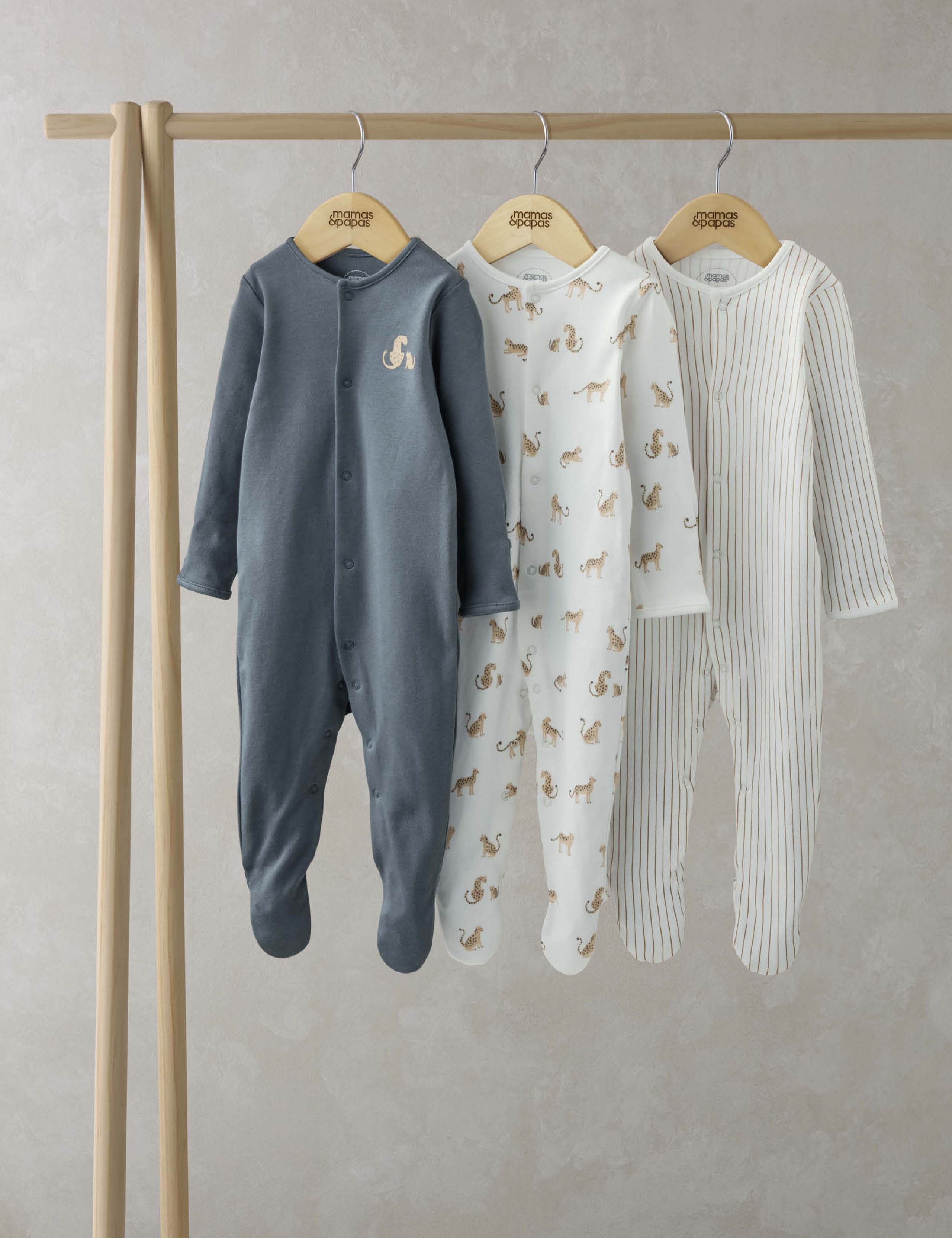 3pk Pure Cotton Leopard & Stripe Sleepsuits (0-24 Mths)