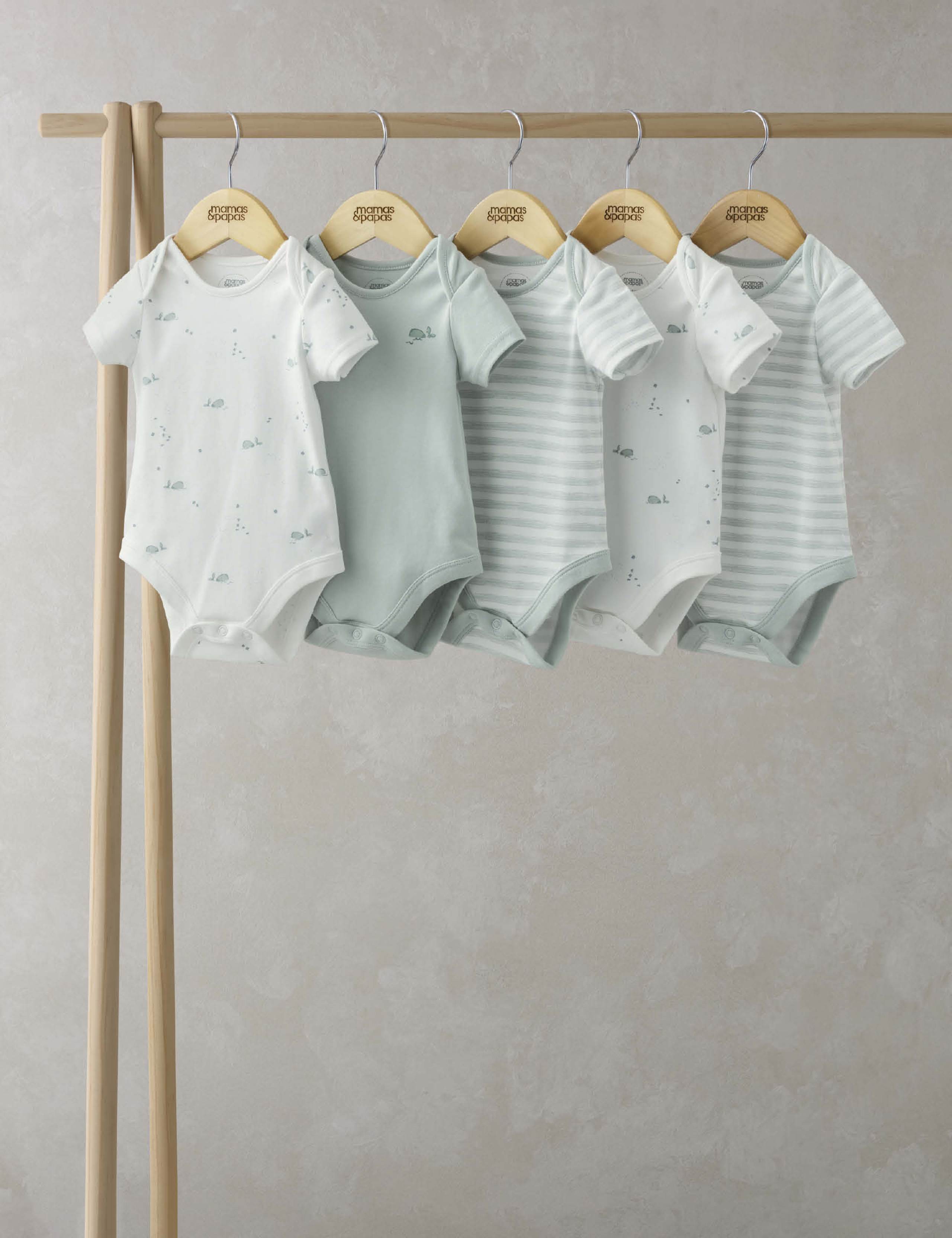 5pk Pure Cotton Whale & Striped Bodysuits (0-24 Mths)