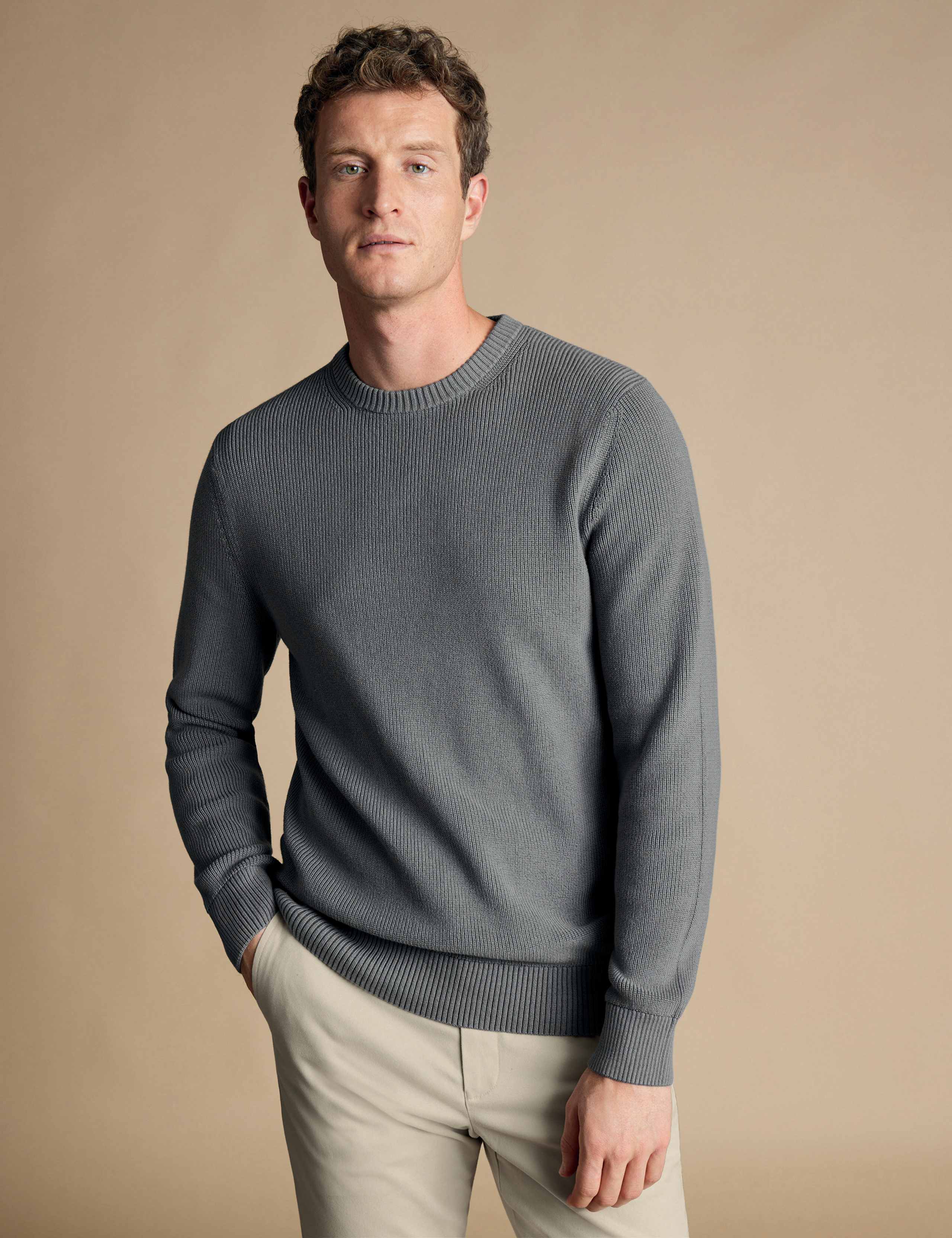 Pure Cotton Ribbed Crew Neck Jumper