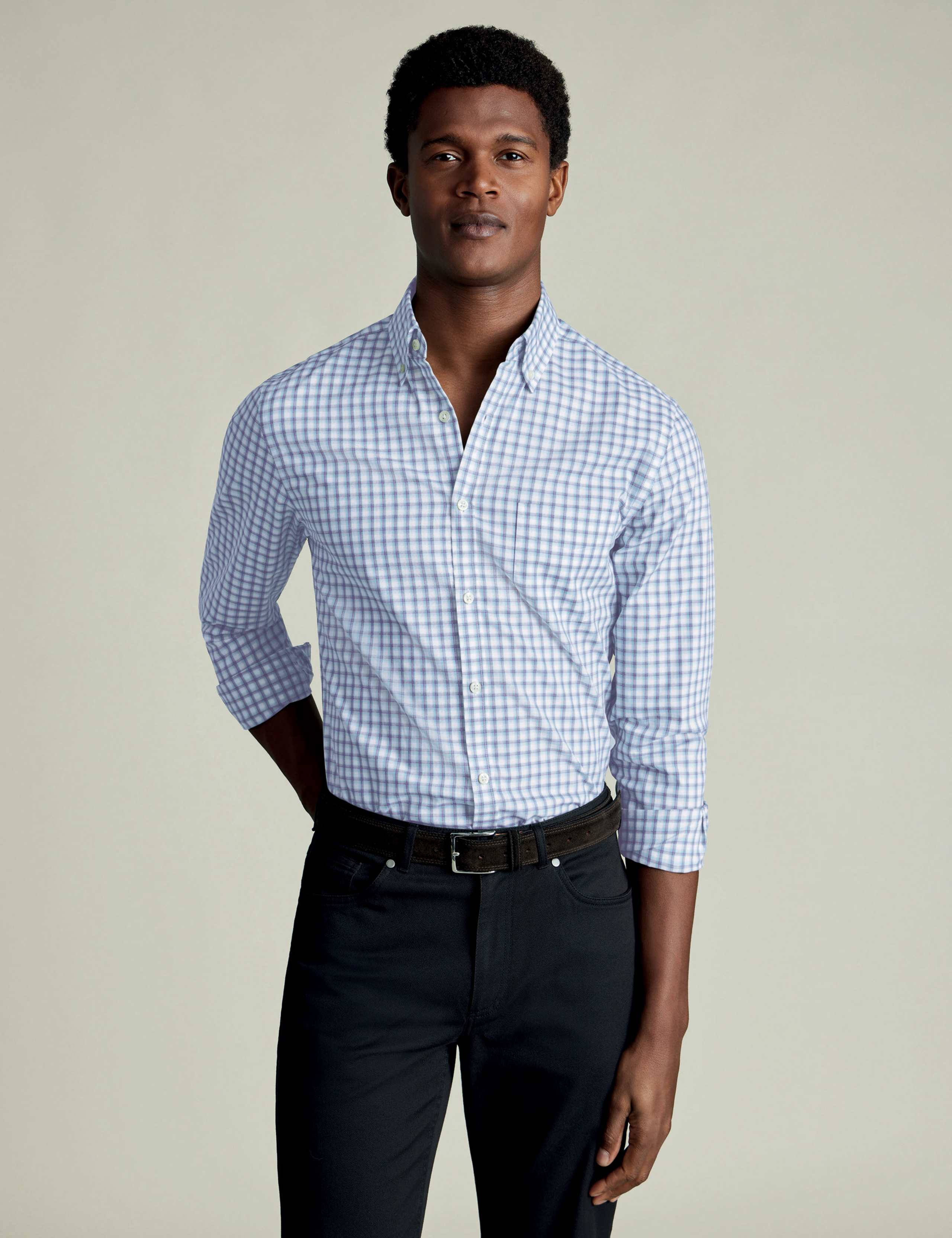 Non Iron Slim Fit Stretch Check Oxford Shirt