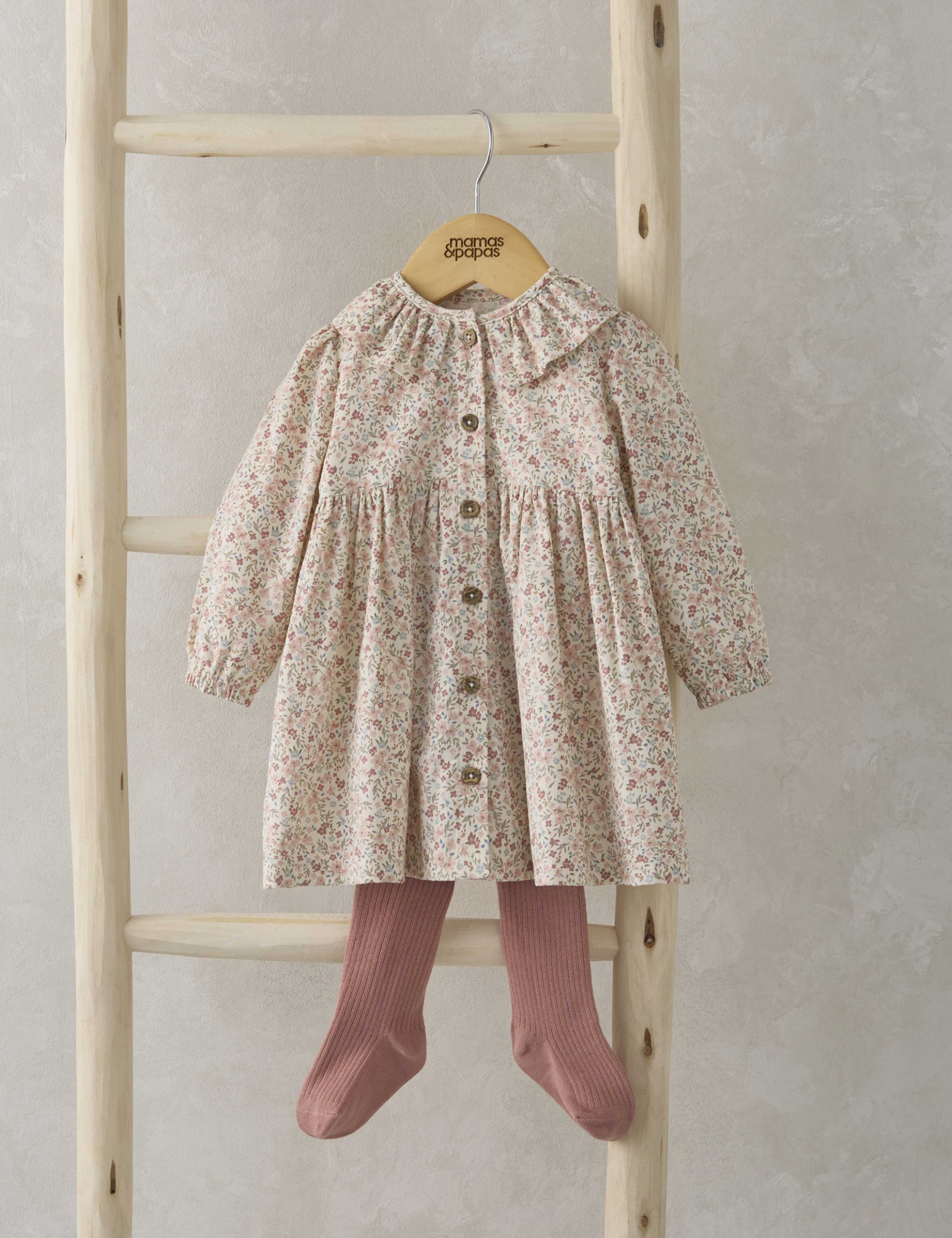 Pure Cotton Floral Cord Dress with Tights (0-12 Mths)