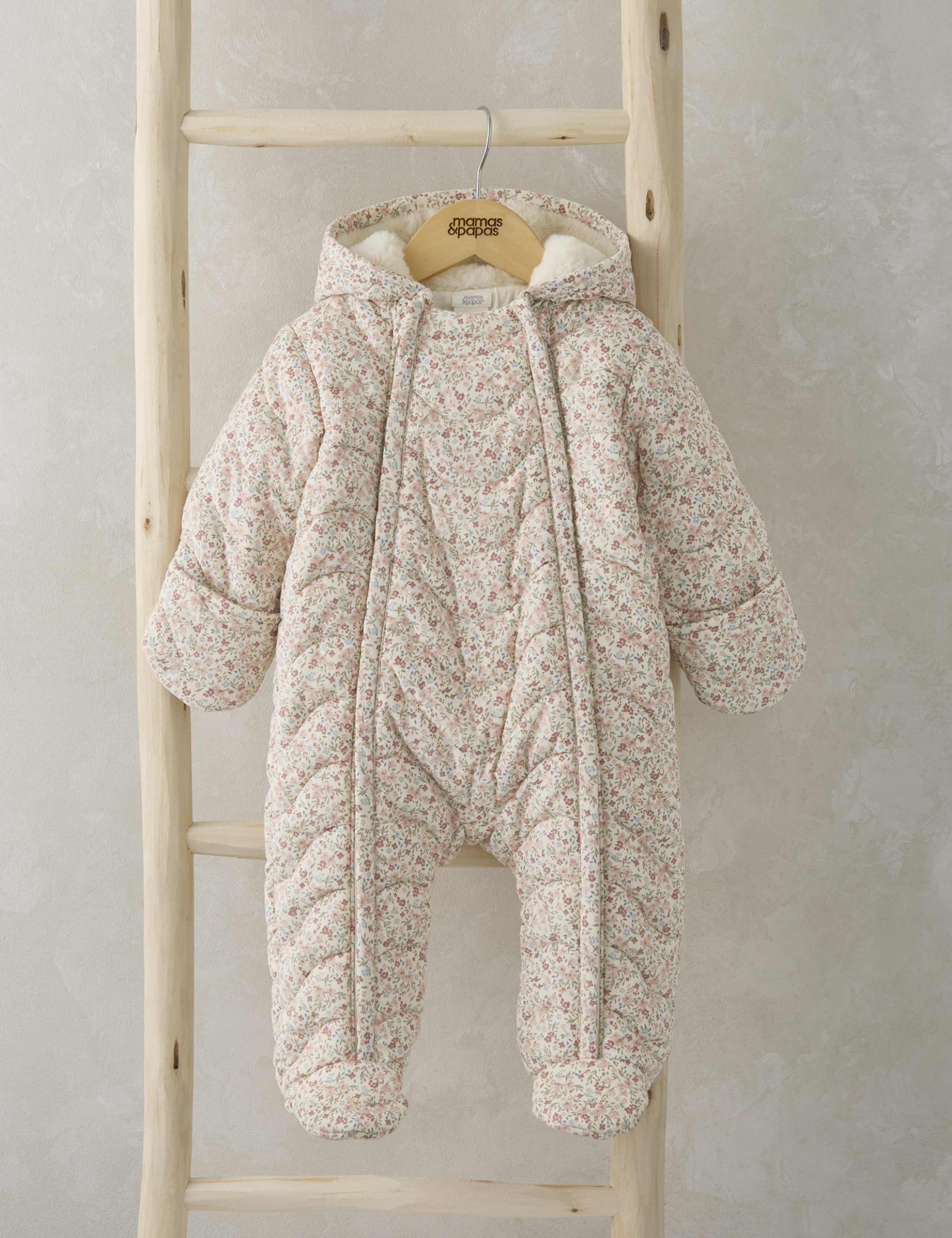 Pure Cotton Floral Hooded Padded Pramsuit (7lbs-12 Mths)