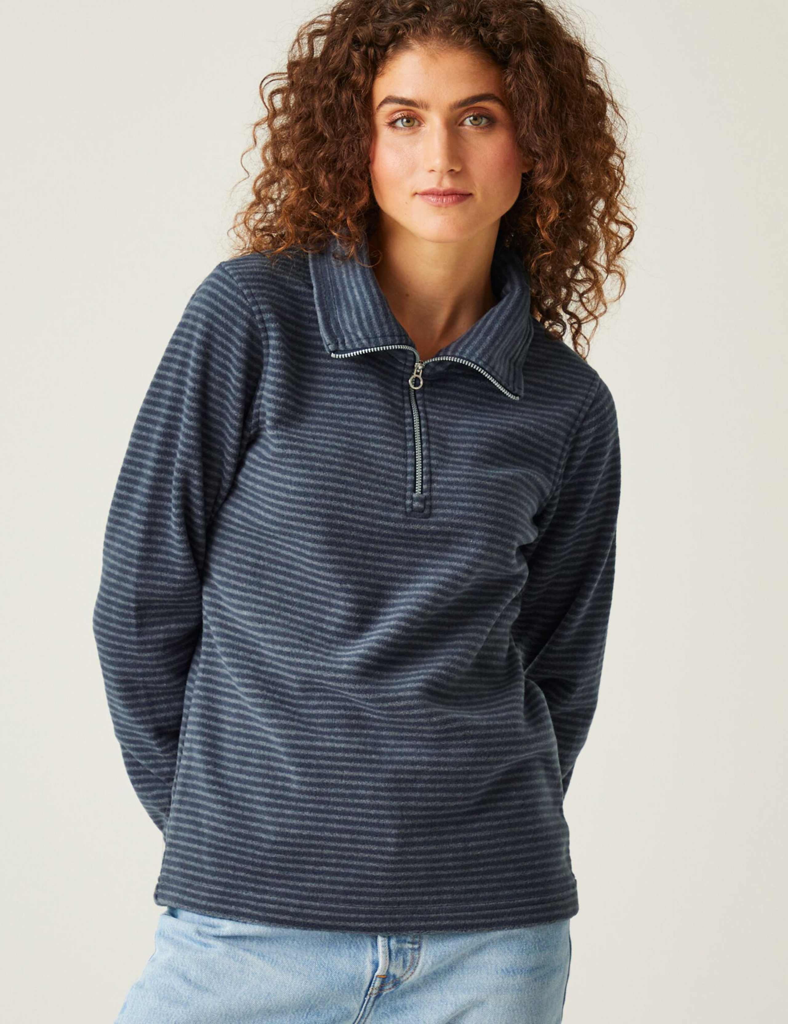 Solenne Striped Funnel Neck Half Zip Fleece