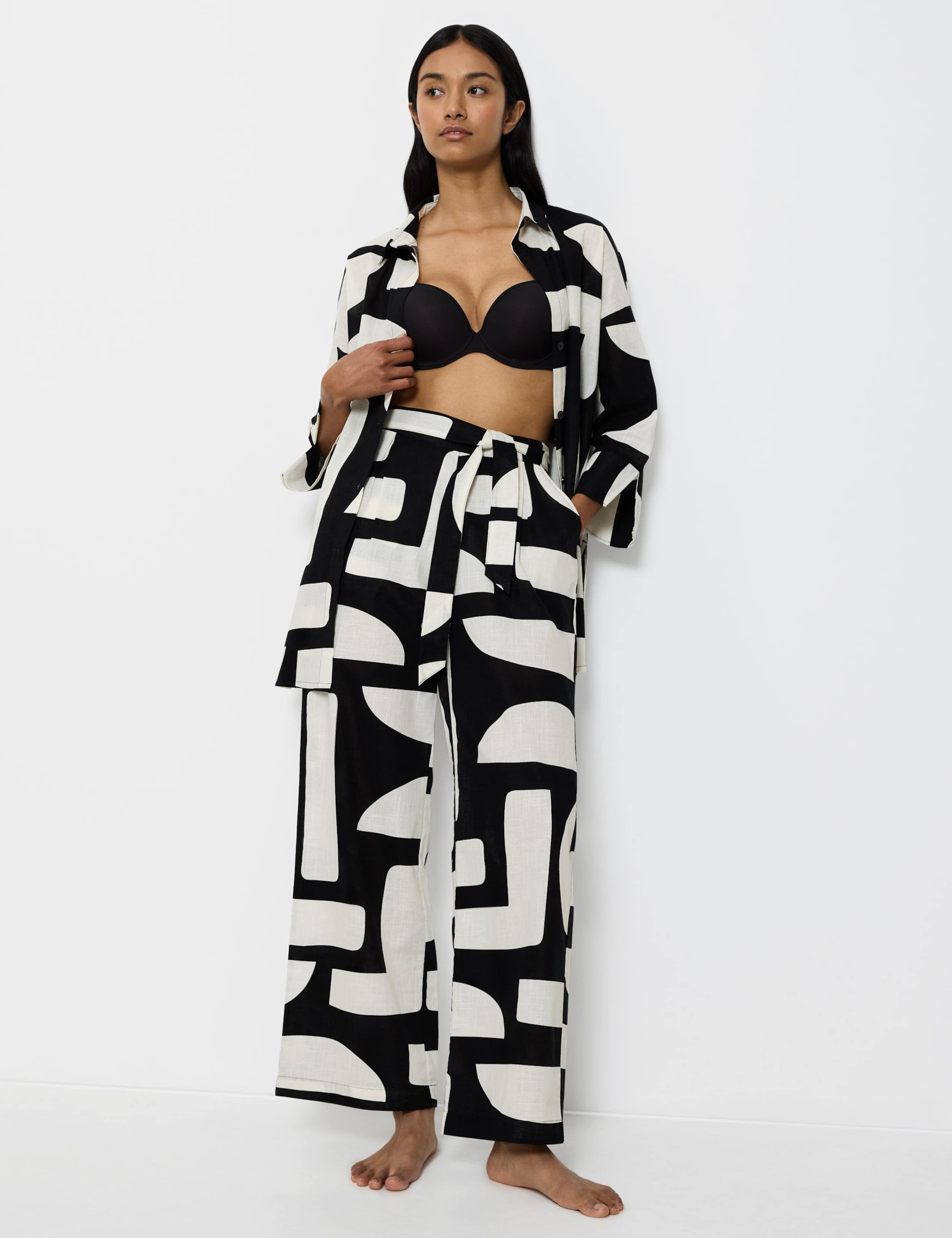Pure Cotton Geometric Belted Trousers