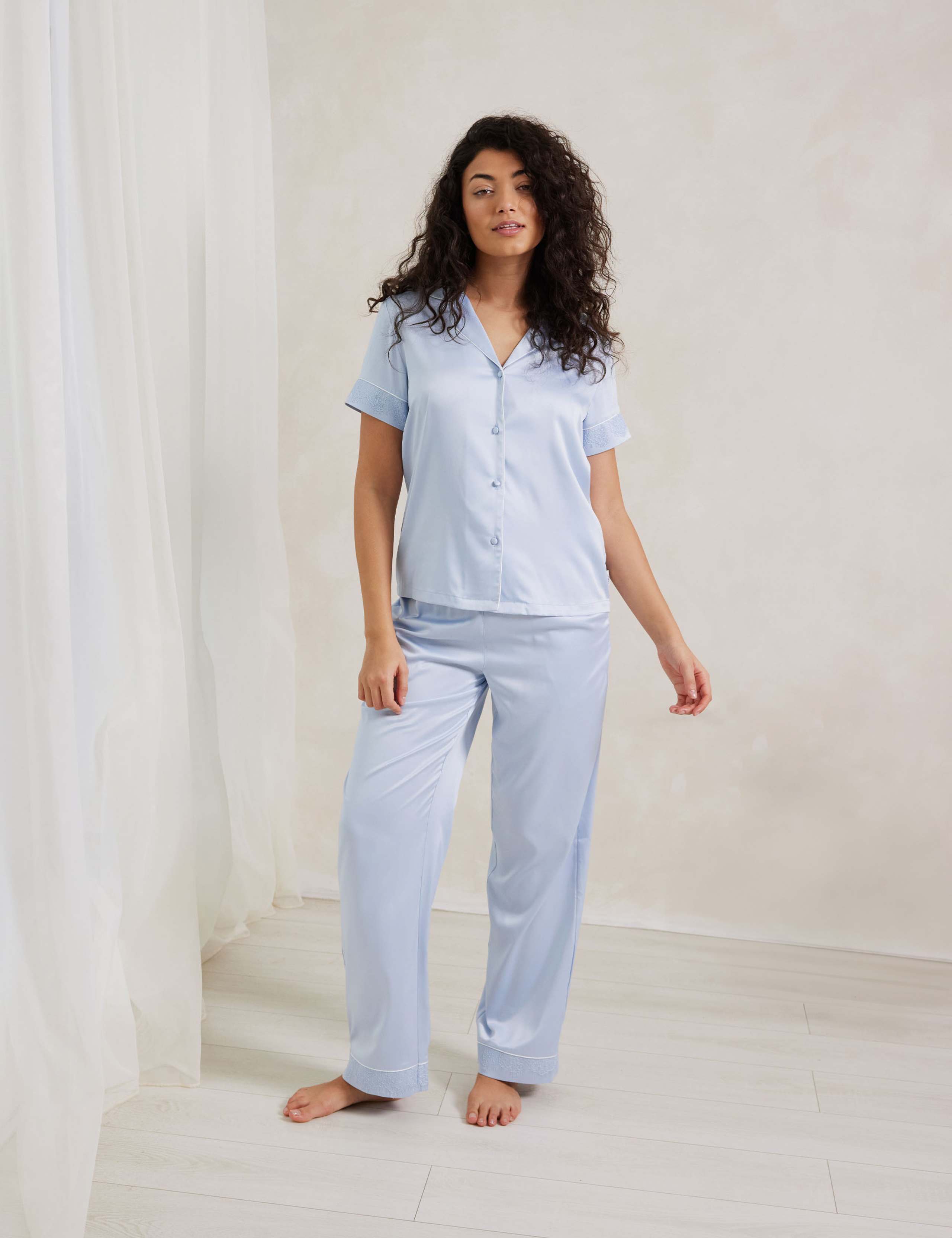 Satin Lace Trim Button Up Pyjama Set