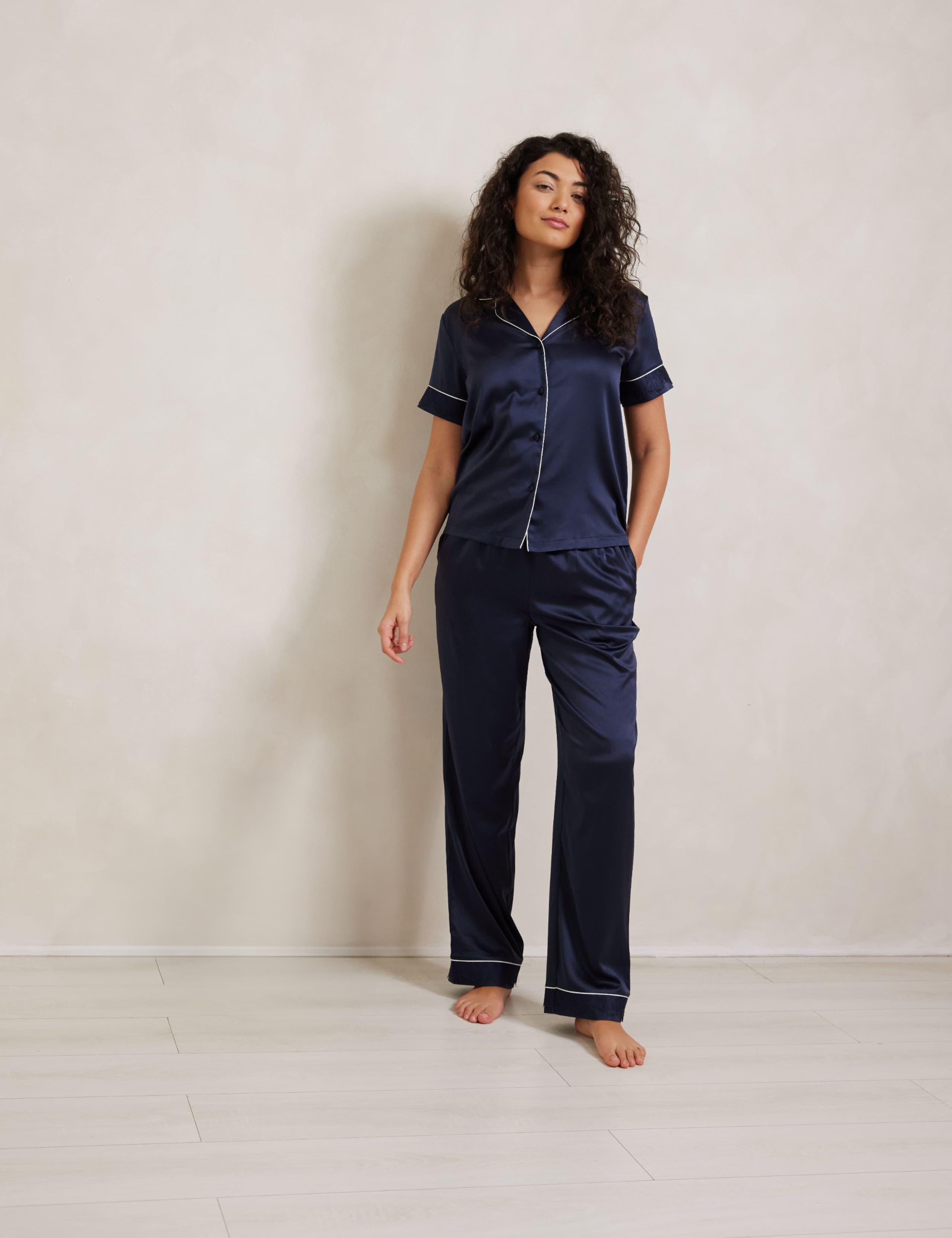Satin Lace Trim Button Up Pyjama Set