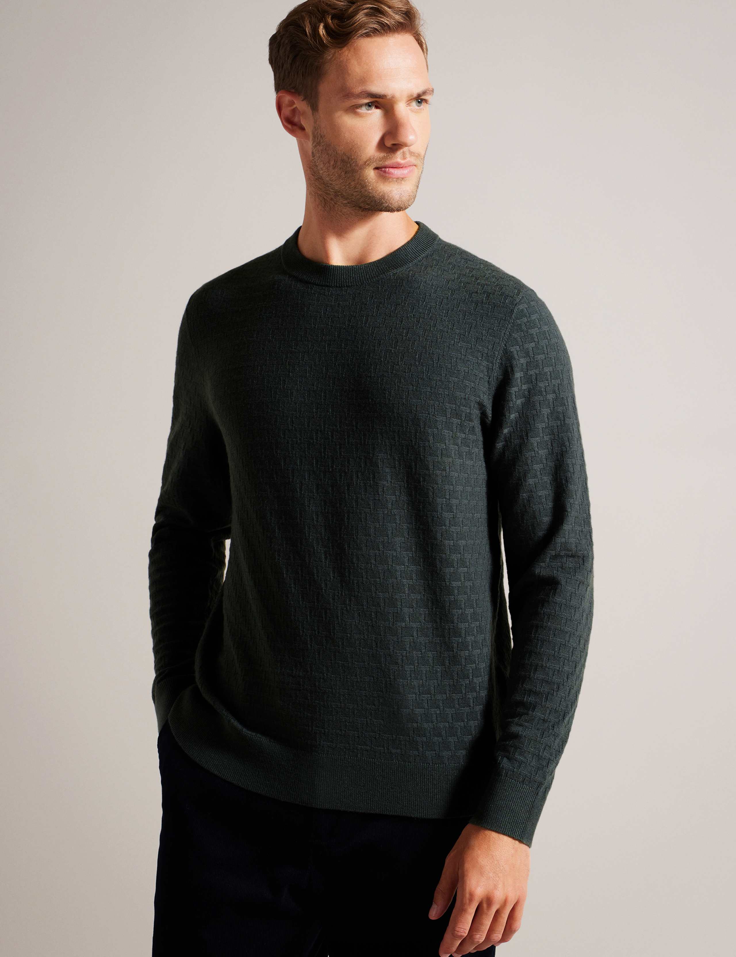 Textured Crew Neck Jumper with Wool