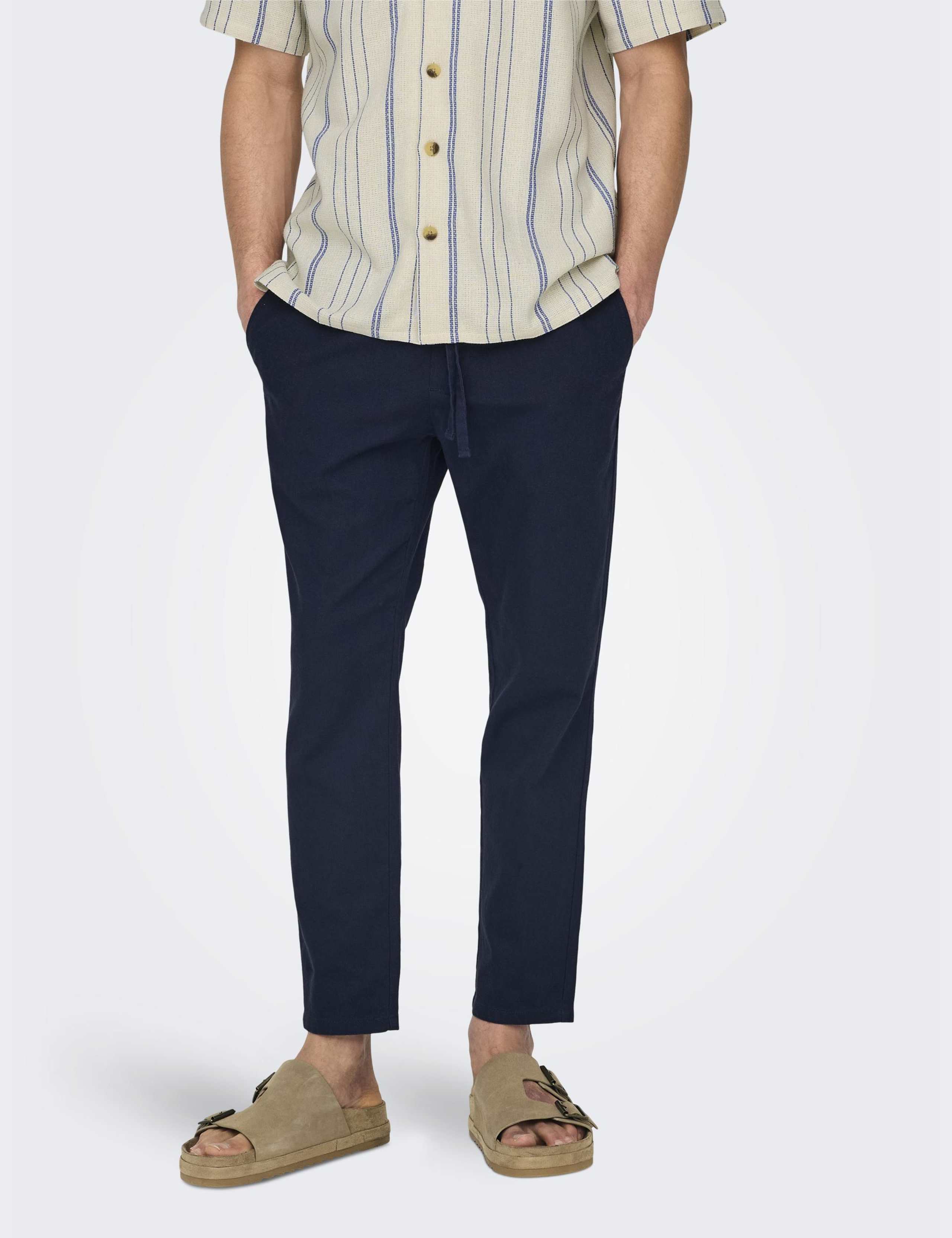 Tapered Fit Cotton Rich Trousers with Linen