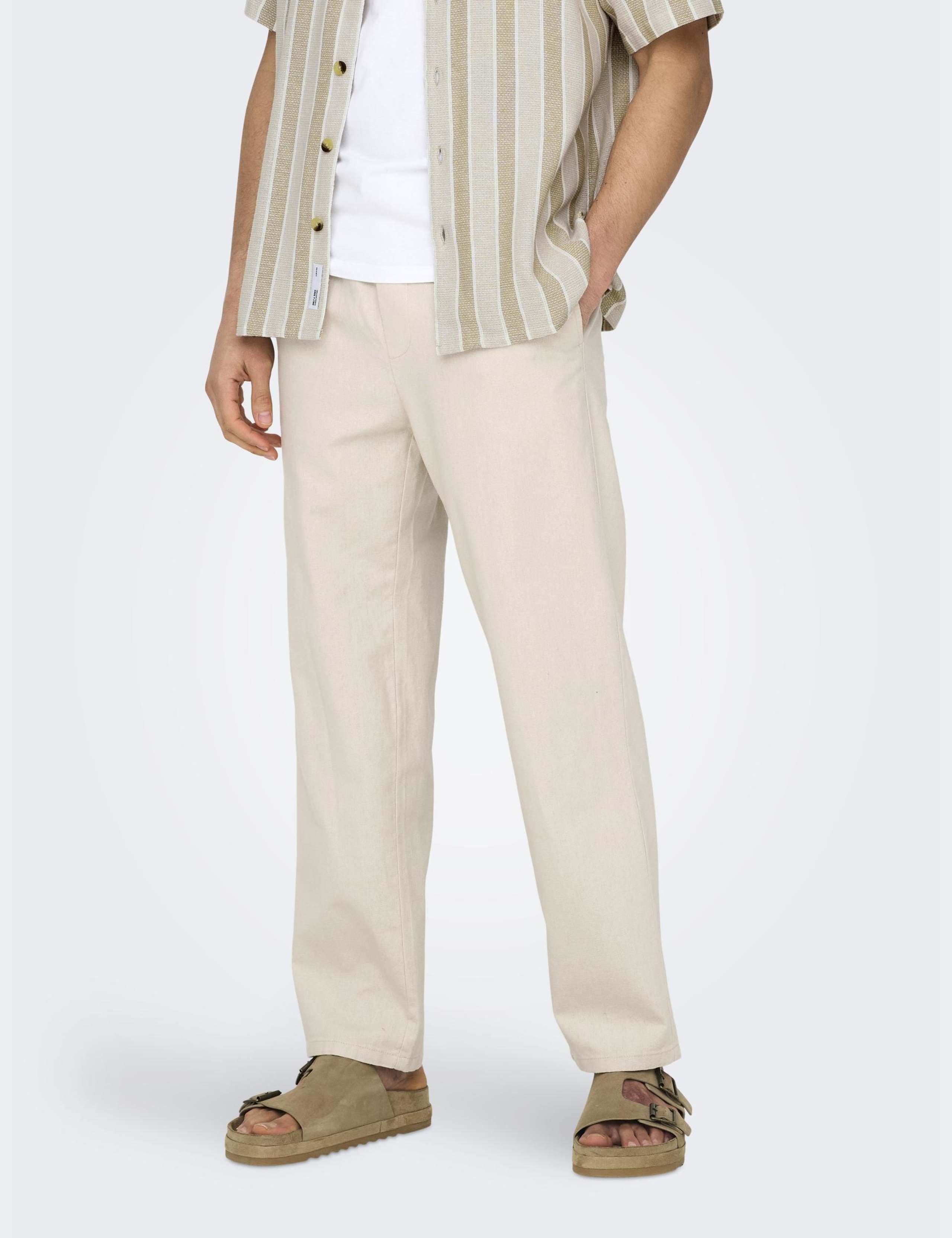 Straight Fit Cotton Rich Trousers with Linen