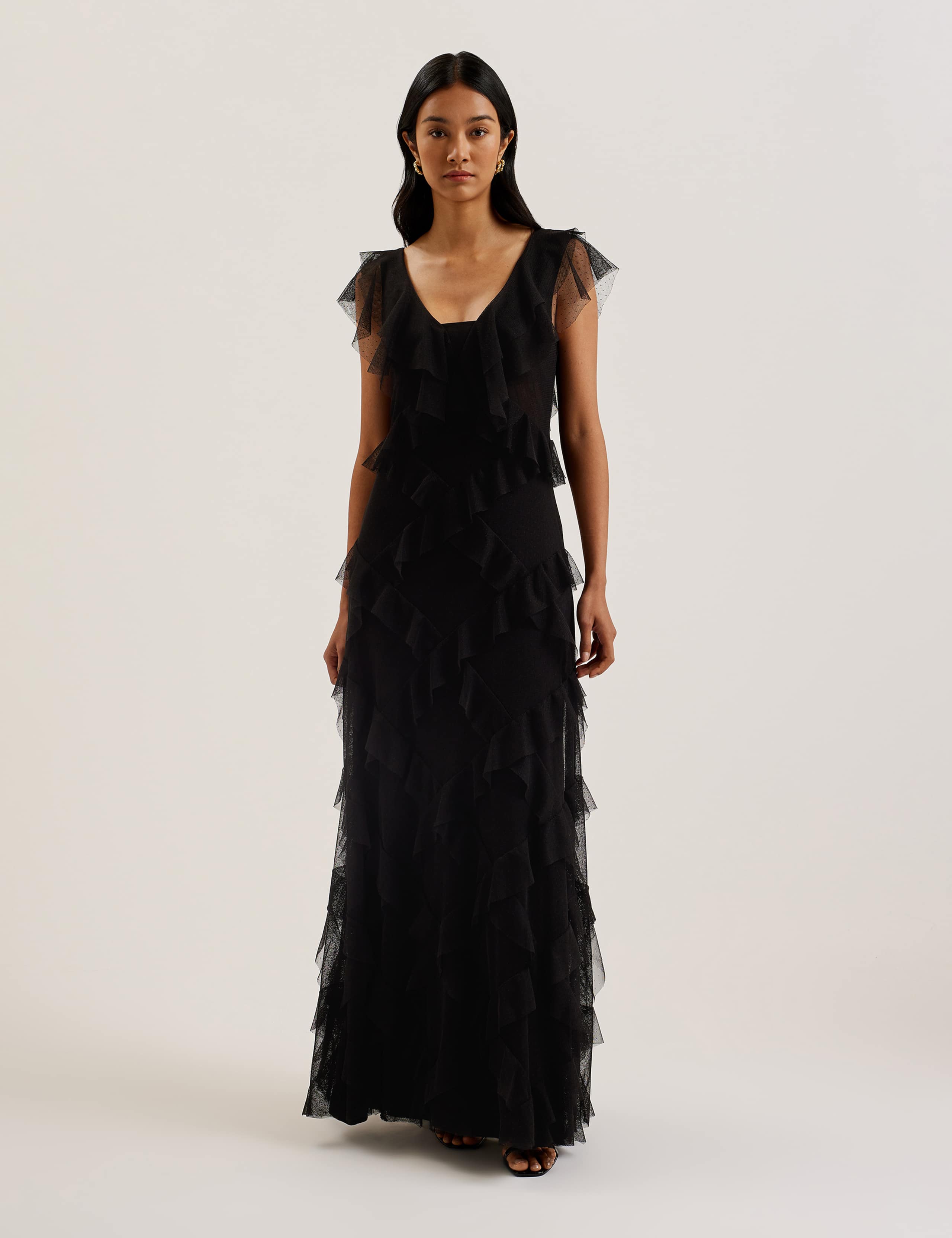 Mesh Ruffle Maxi Dress