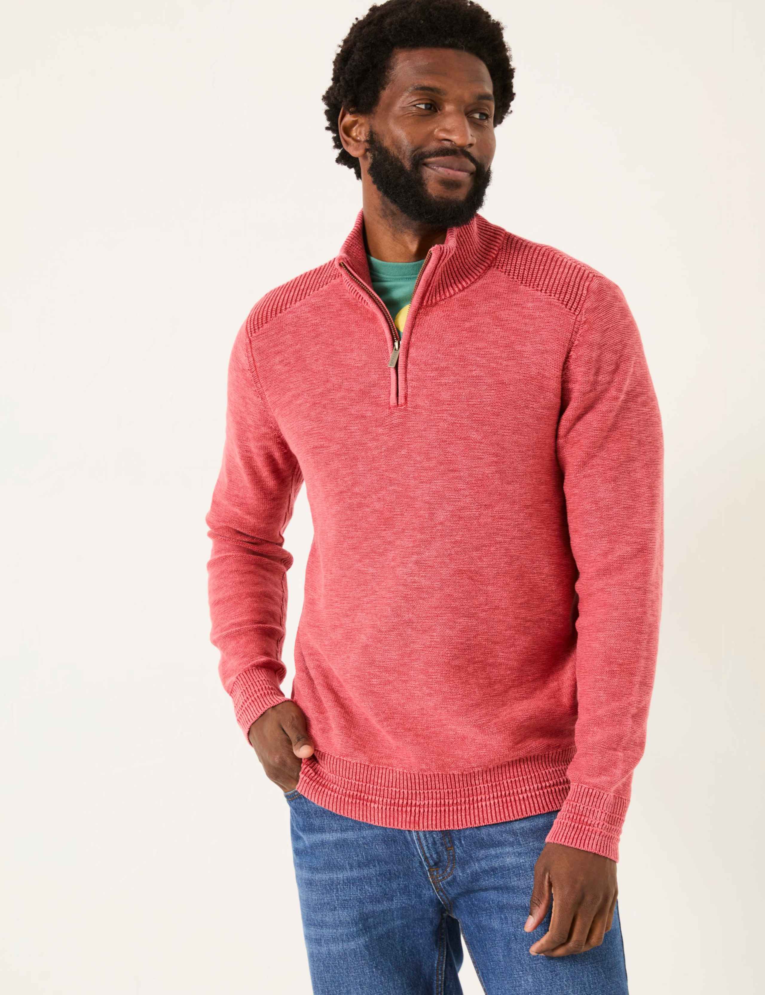 Pure Cotton Textured Half Zip Jumper