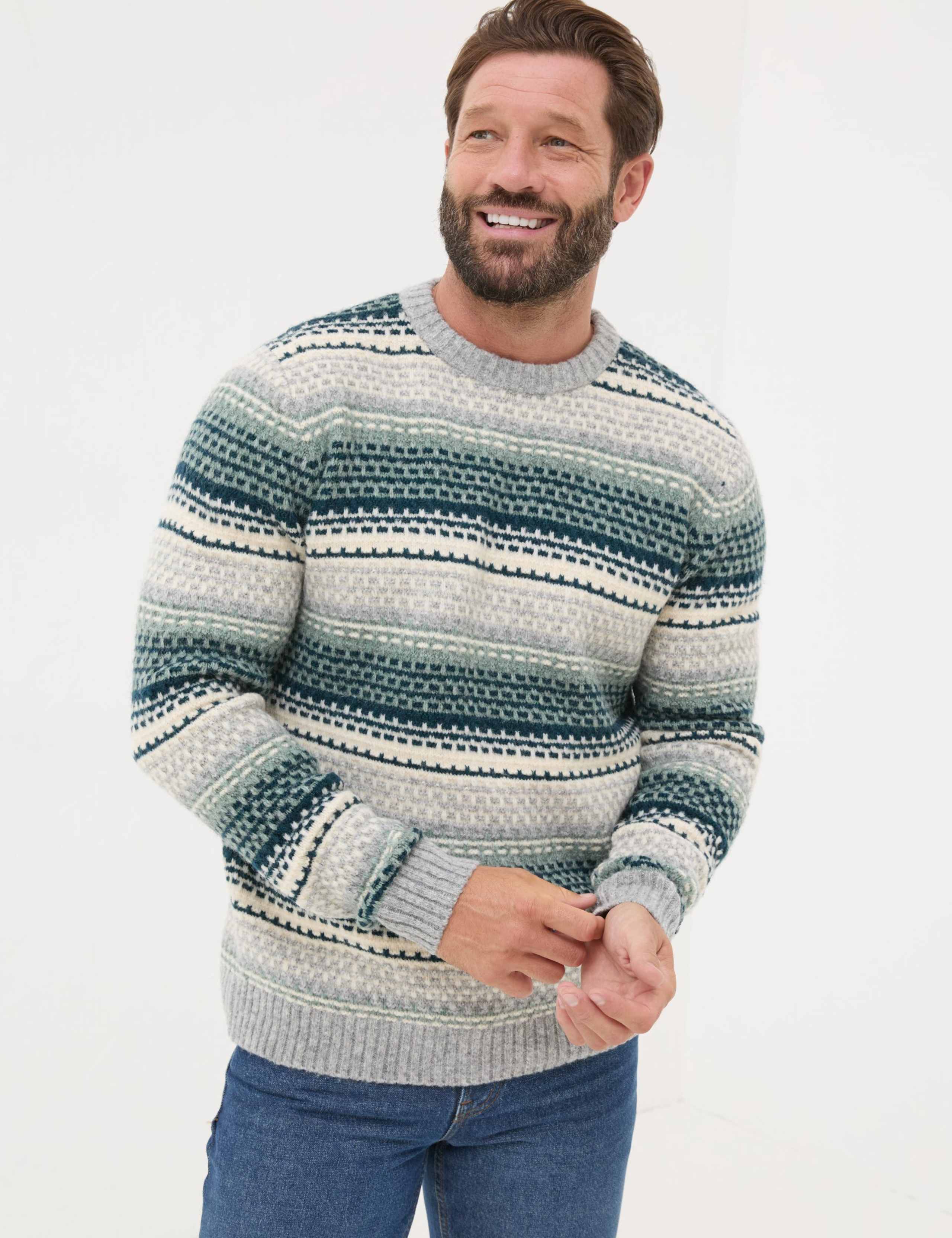 Textured Striped Crew Neck Jumper with Wool