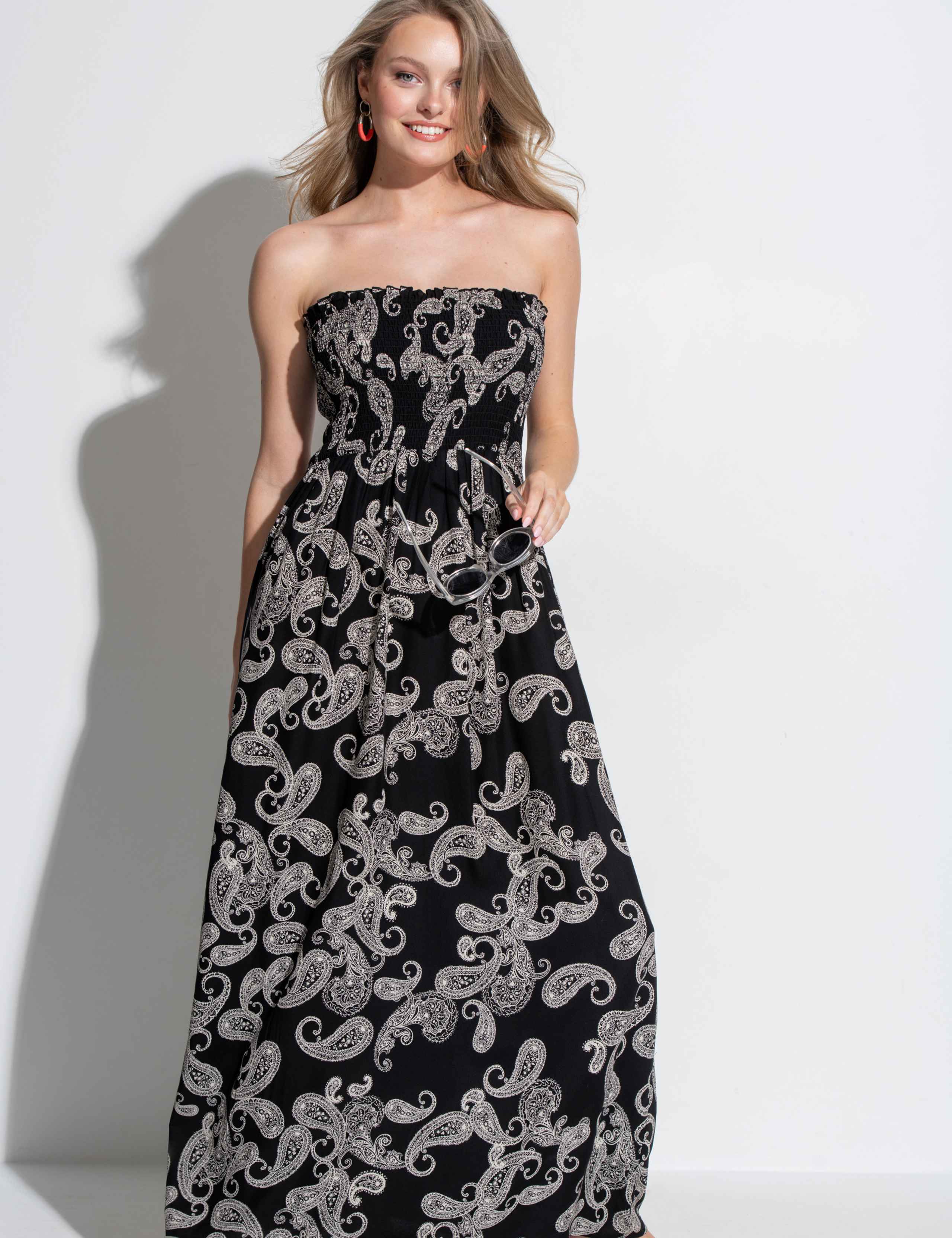 Printed Shirred Maxi Beach Dress