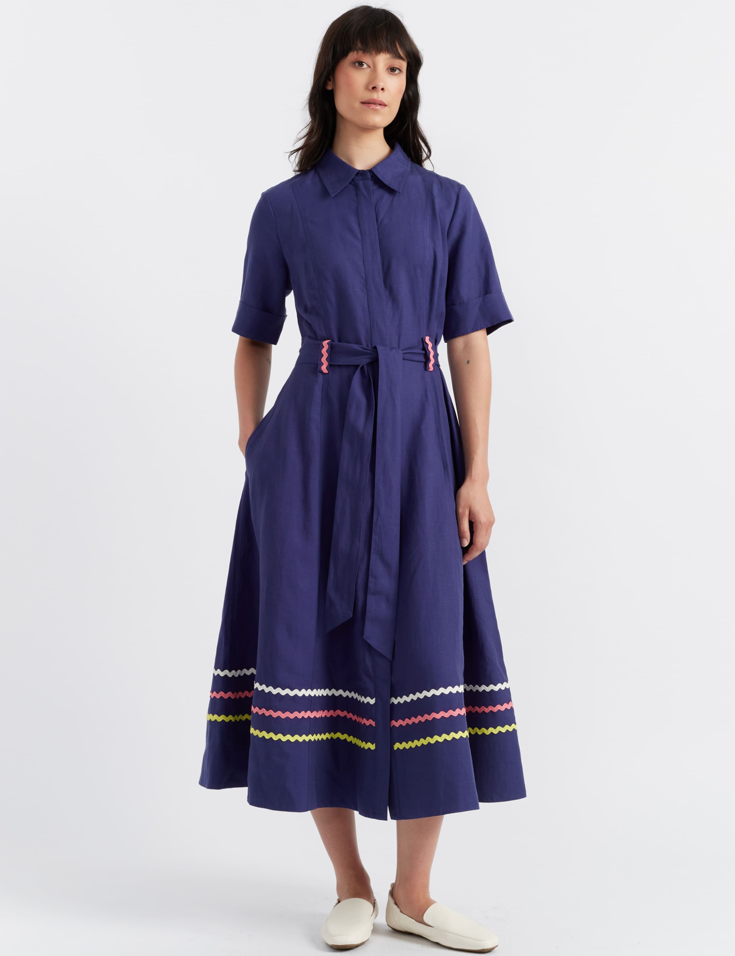 Linen Blend Belted Midaxi Shirt Dress