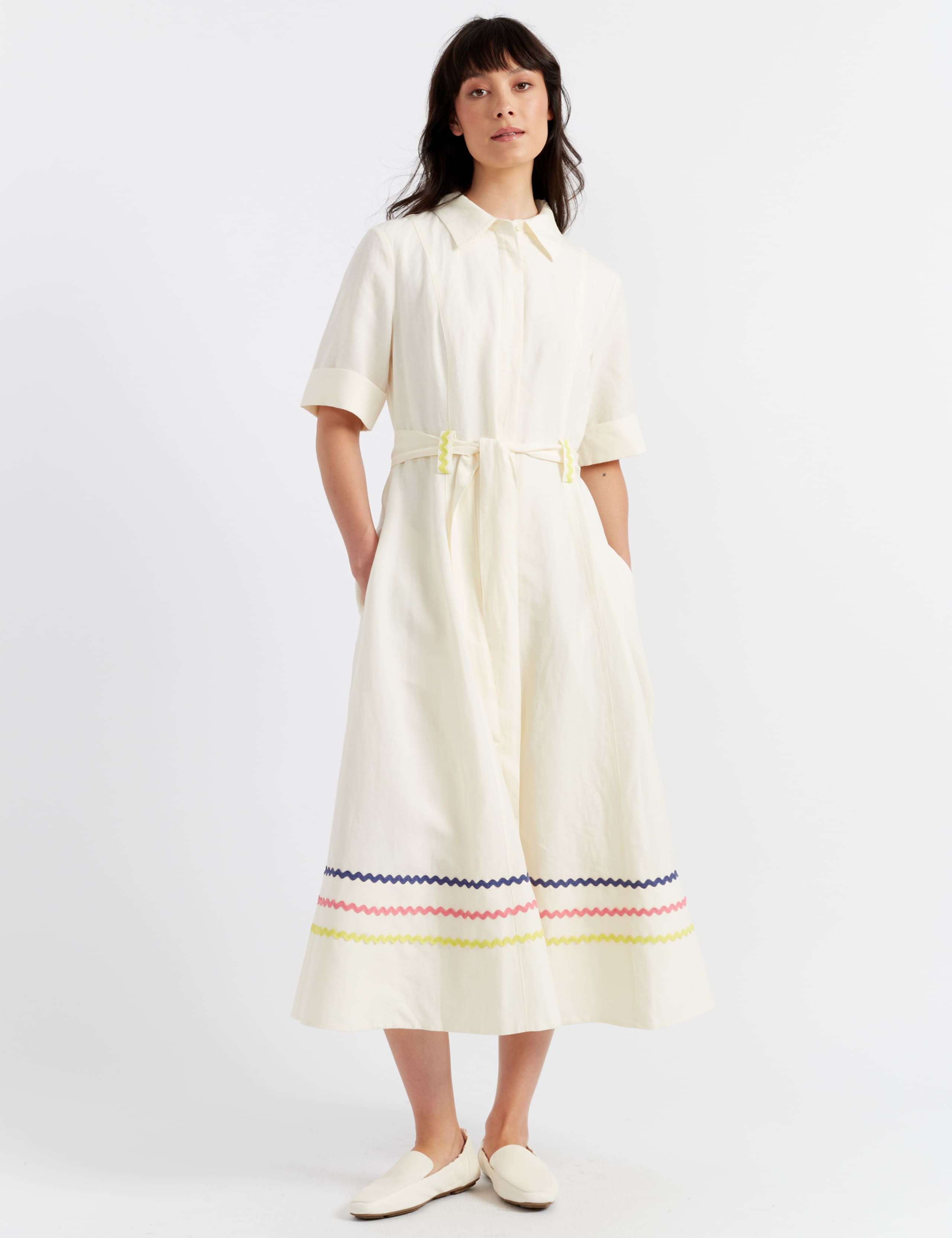 Linen Blend Belted Midaxi Shirt Dress