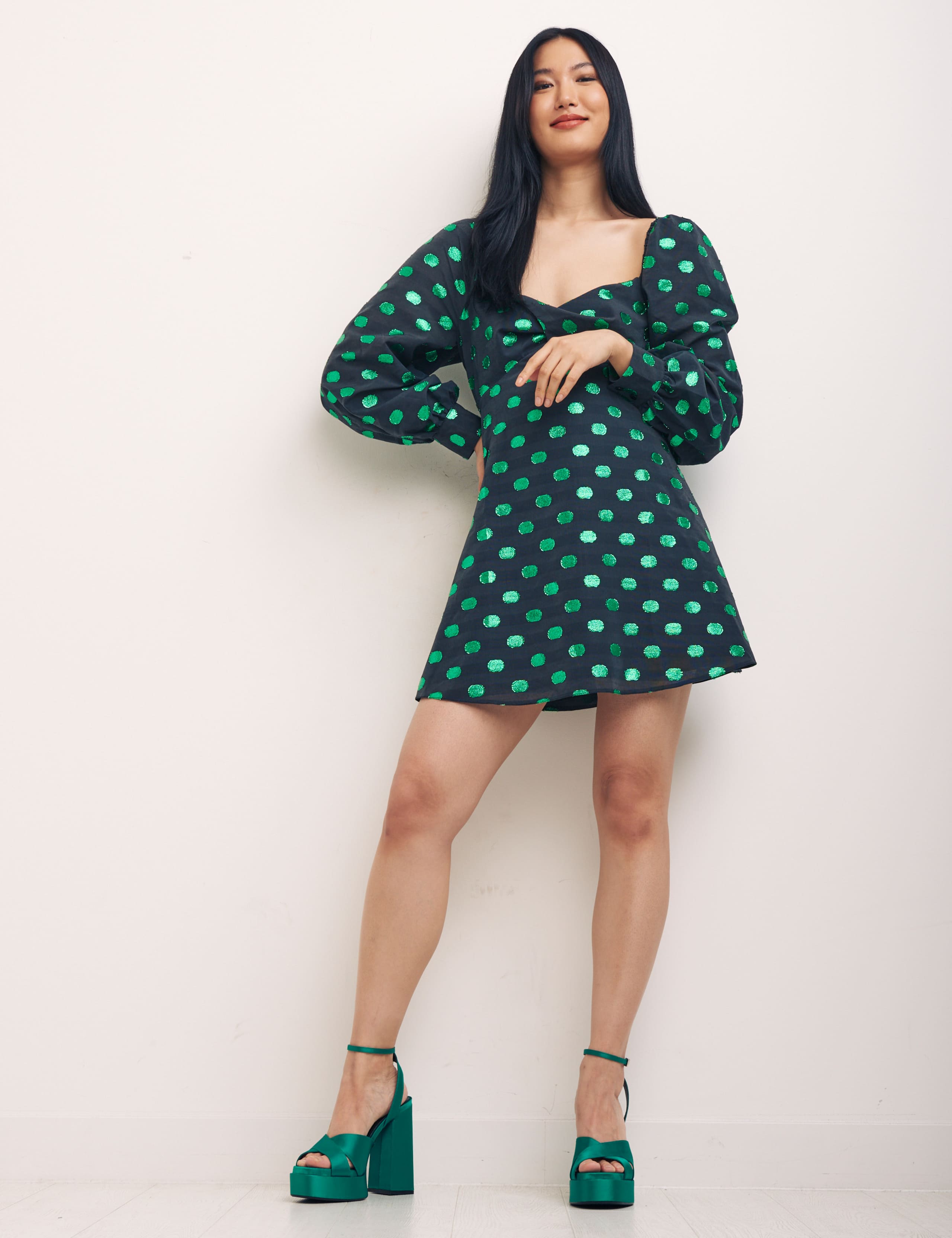 Cotton Blend Polka Dot Mini Smock Dress