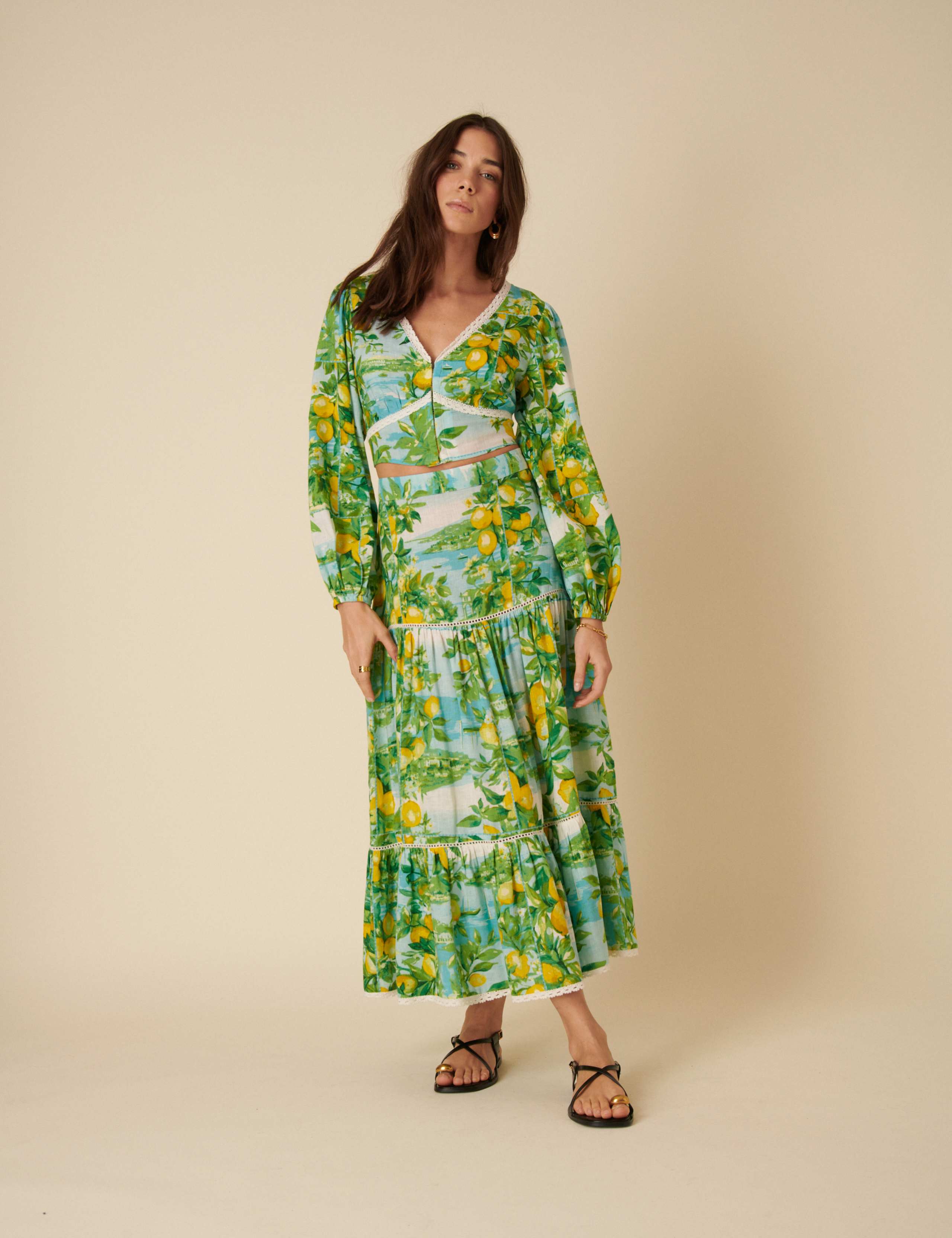 Lemon Print Tiered Maxi Skirt with Linen